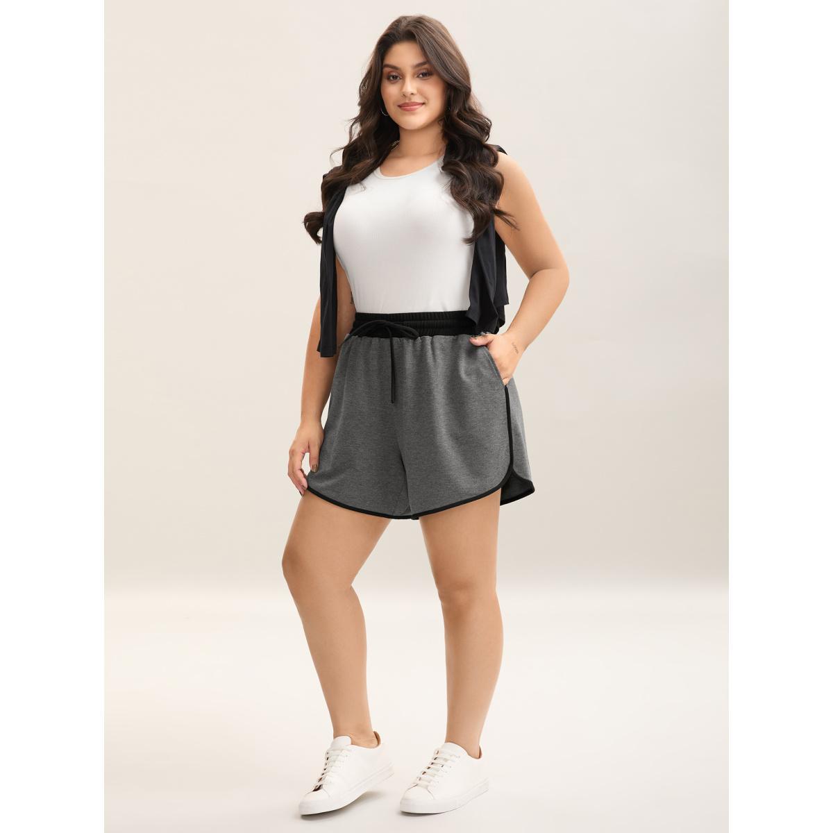 Plus Size Color Block Drawstring Plain Shorts Women DimGray Casual Contrast Loose Everyday Shorts BloomChic 10/M Product Image