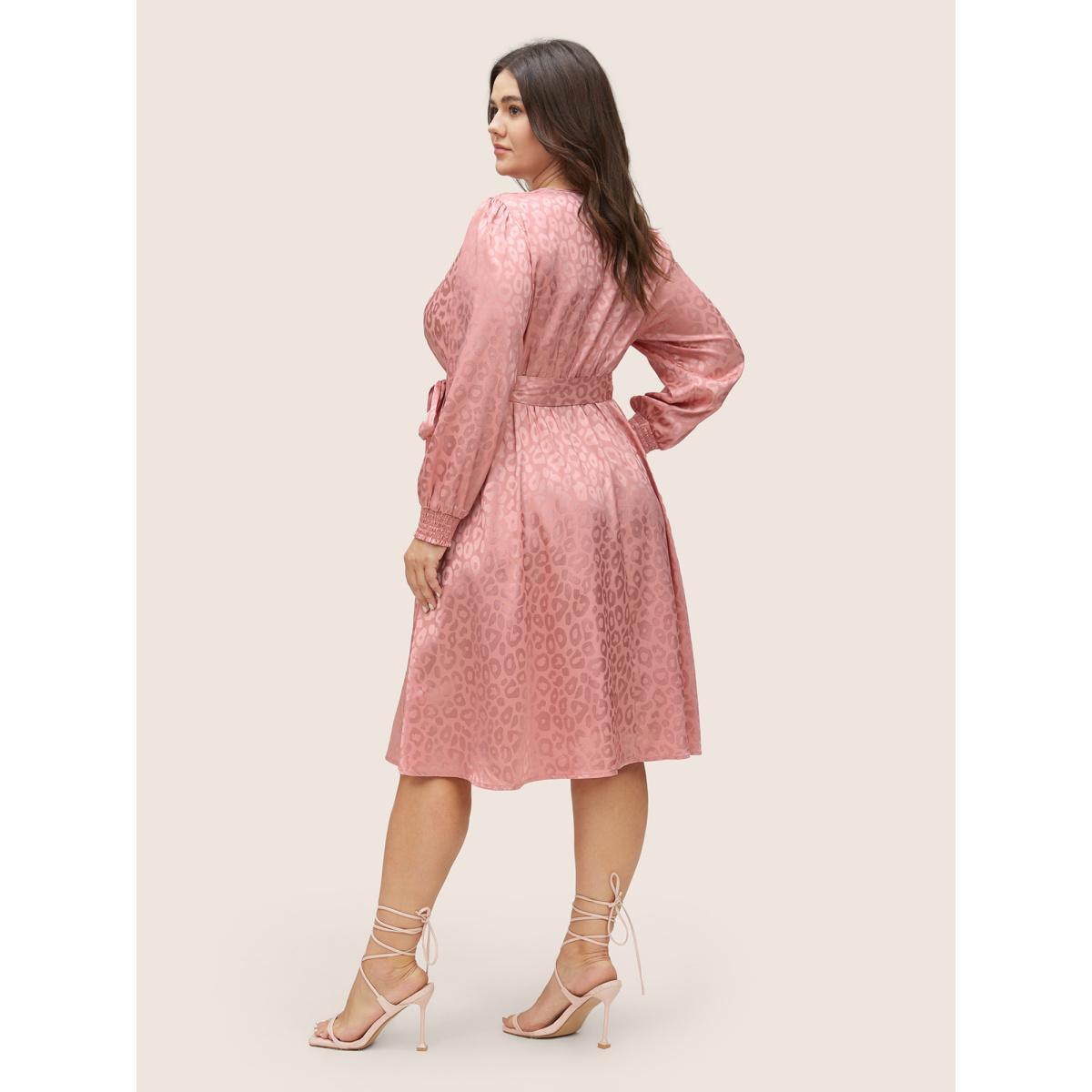 Plus Size Leopard Shirred Wrap Belted Gathered Dress Crepe Women Elegant Wrap Overlap Collar Long Sleeve Curvy Midi Dress BloomChic 30/6X Product Image