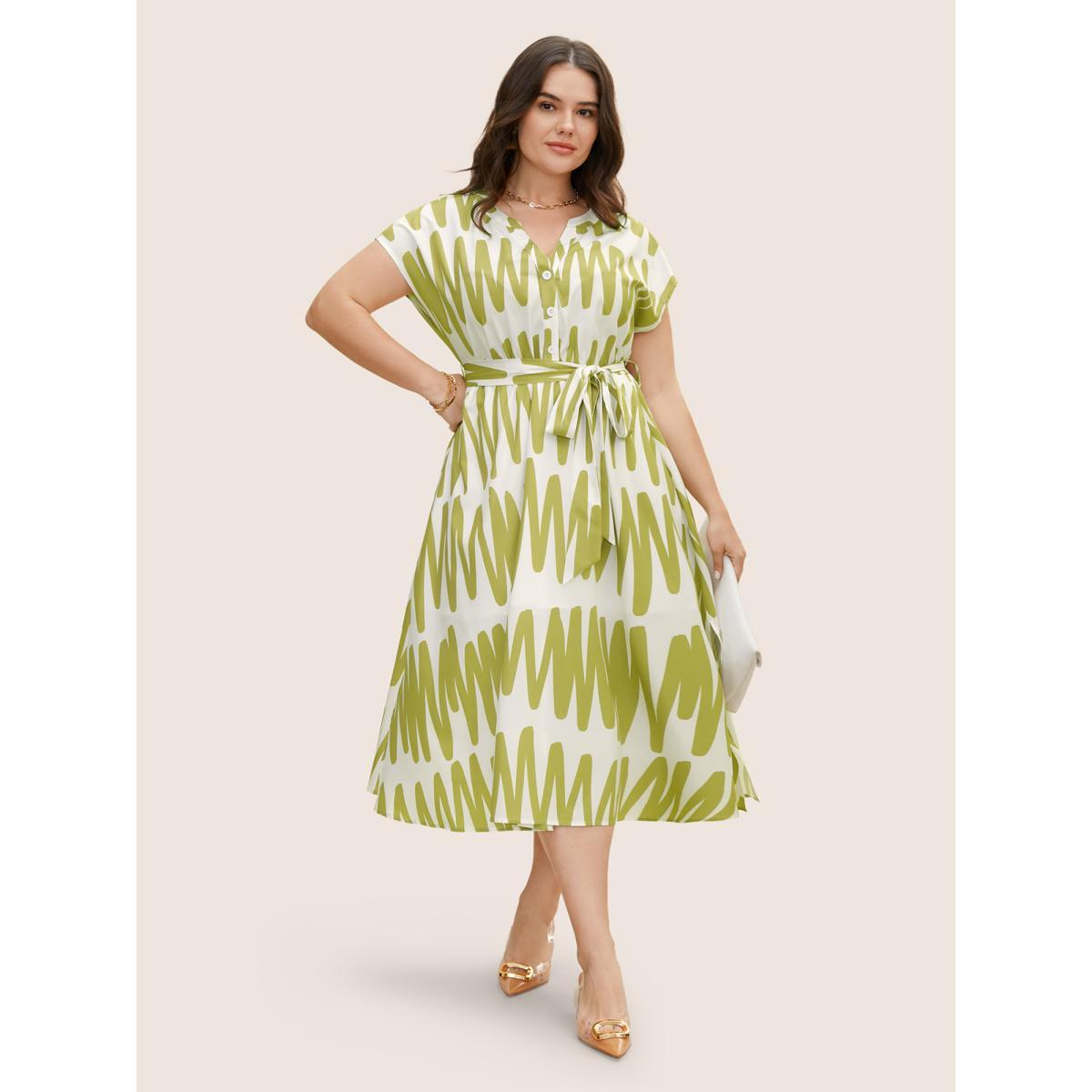 Plus Size Notched Striped Elastic Waist Split Hem Midi Dress Moss Women At the Office Belted Shirt collar Cap Sleeve Curvy BloomChic 10/M Product Image