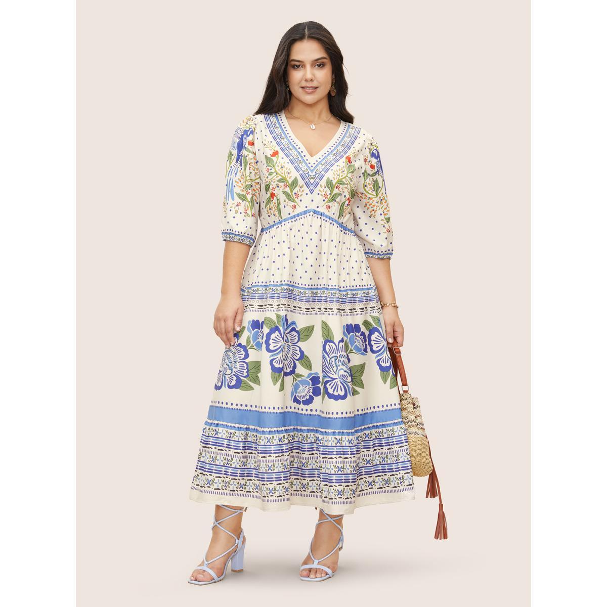 Plus Size V Neck Floral Print Elastic Waist Lantern Sleeve Dress Blue Women Resort Gathered V-neck Sleeveless Curvy Midi Dress BloomChic 12/L Product Image