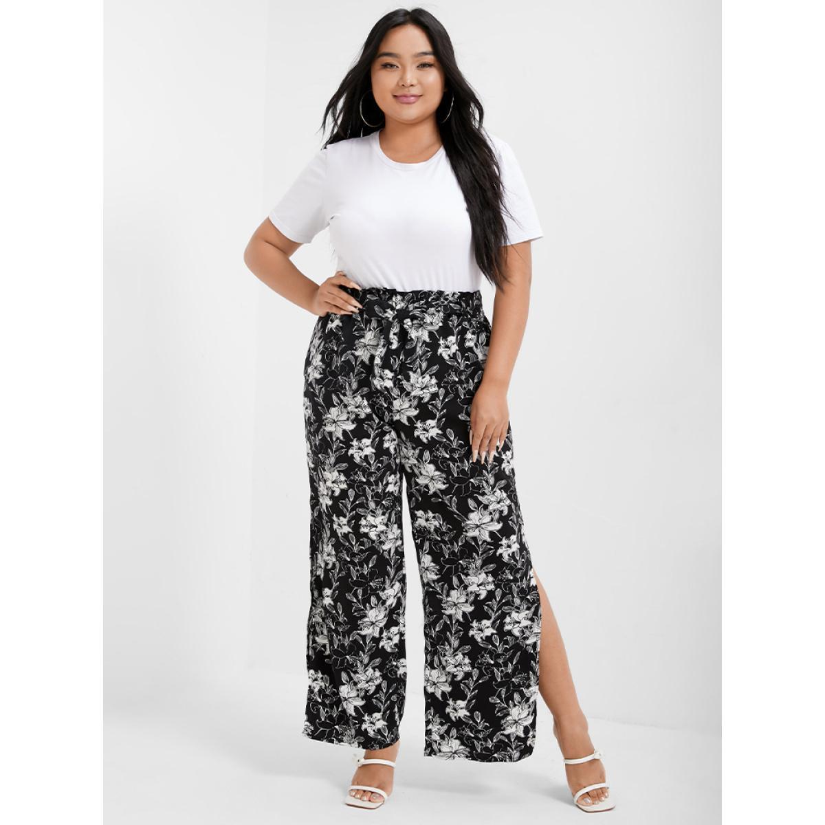 Plus Size Floral Print Pocket Split Straight Pants Women Black Elegant Wide Leg High Rise Dailywear Pants BloomChic 16/1X Product Image