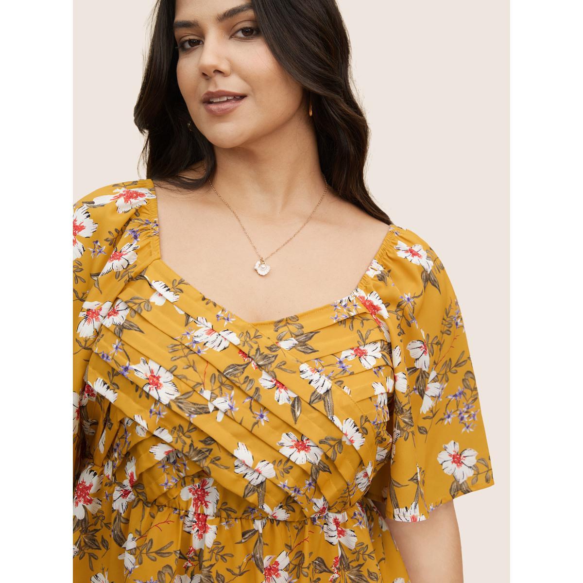 Plus Size Turmeric Heart Neckline Floral Print Pleated Blouse Women Elegant Short sleeve Heart neckline Everyday Blouses BloomChic 22-24/3X Product Image