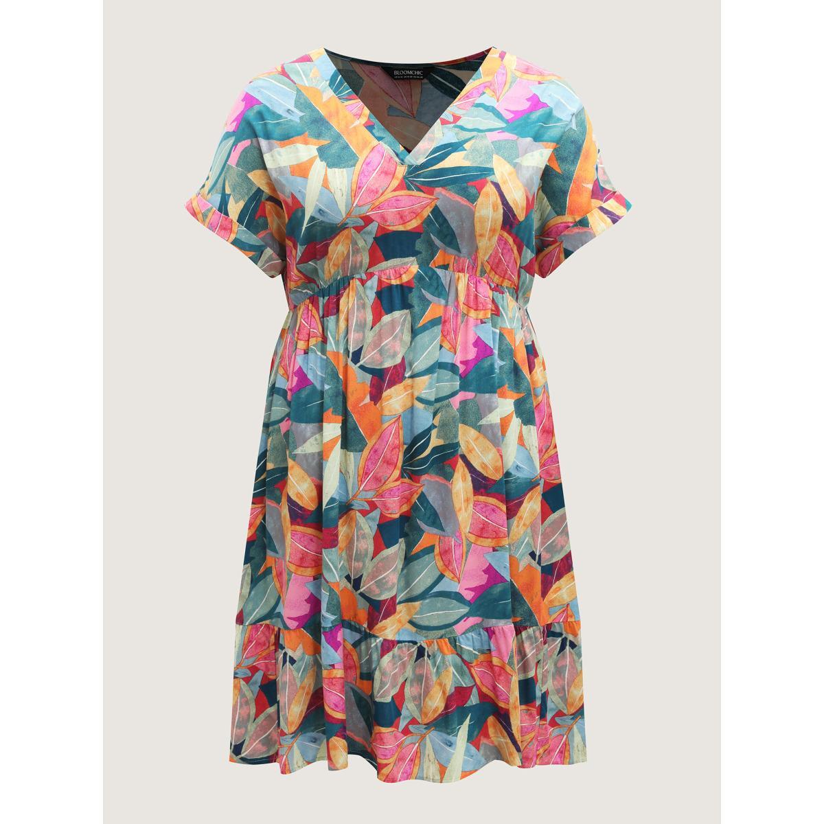 Plus Size Rayon Leafy Print Pockets Midi Dress Teal Women V-neck Short sleeve Curvy BloomChic 22-24/3X Product Image