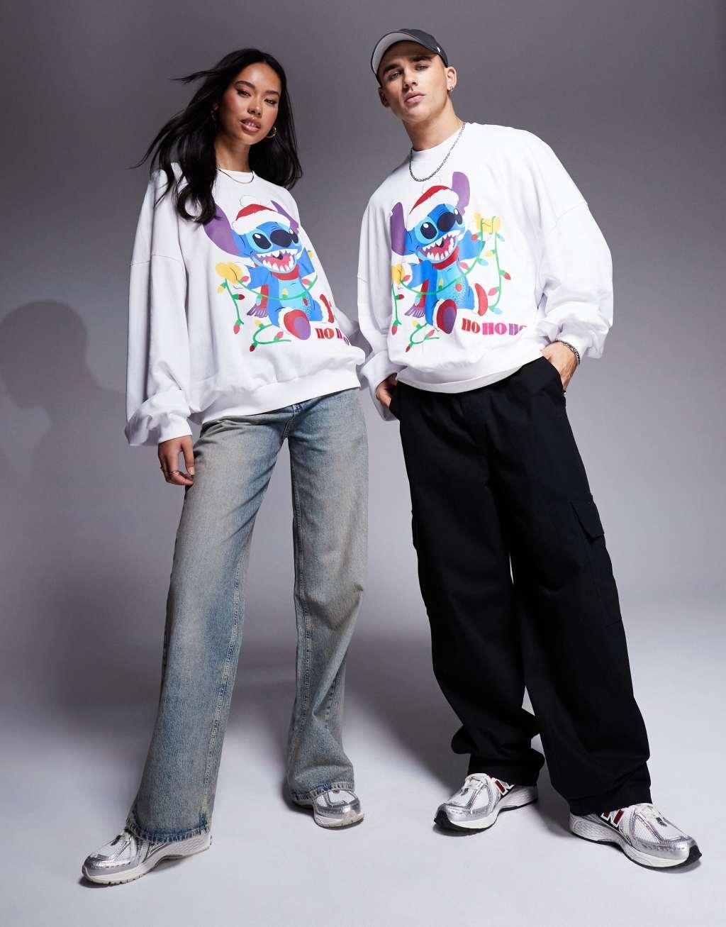 ASOS DESIGN Disney Christmas extreme oversized sweatshirt with Stitch front print in white Product Image