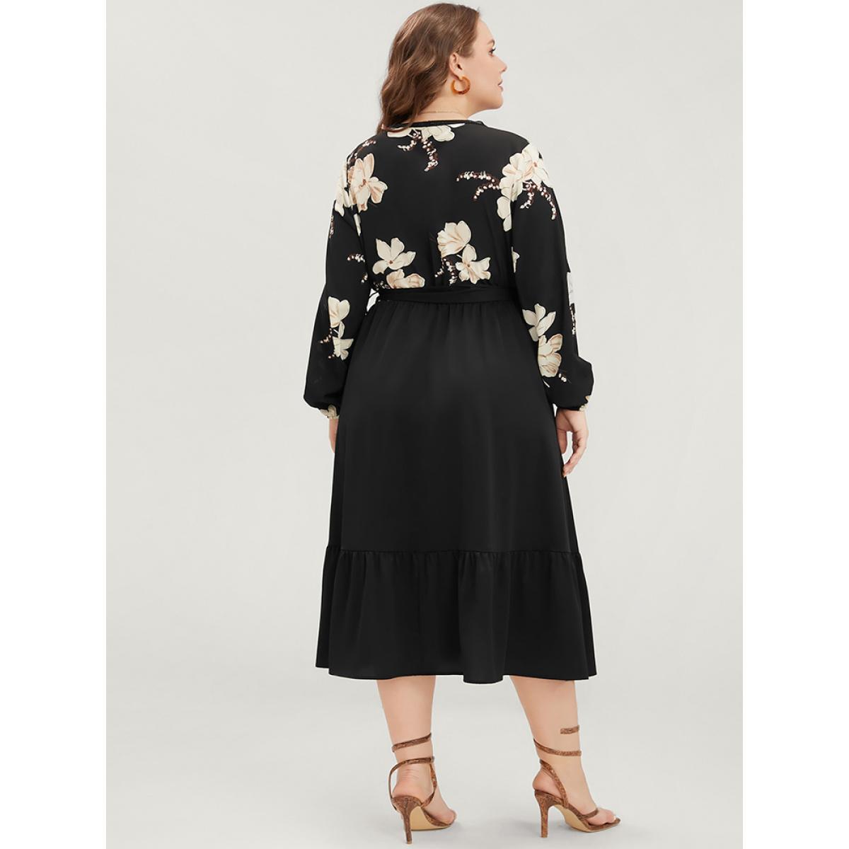 Plus Size Floral Pocket Broderie Anglaise Lantern Sleeve Belted Flutter Dress BlackFlower Women Elegant Pocket V-neck Long Sleeve Curvy Midi Dress BloomChic 22-24/3X Product Image