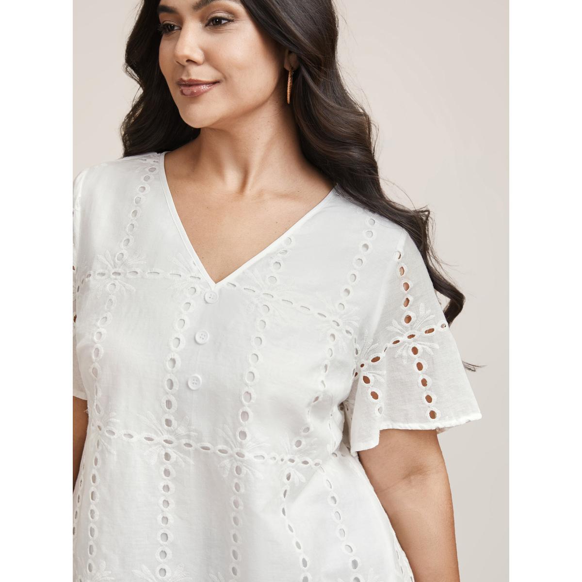 Plus Size Originalwhite Cotton Embroidered V-Neck Shirt Women Resort Short sleeve V-neck Vacation Blouses BloomChic 26/4X Product Image
