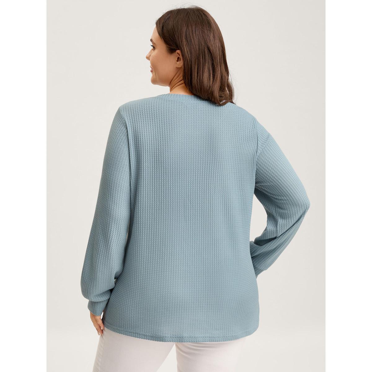 Plus Size Waffle Spliced Floral Lace Sweatshirt Women Stone Round Neck Everyday-Casual Sweatshirts BloomChic 12/L Product Image