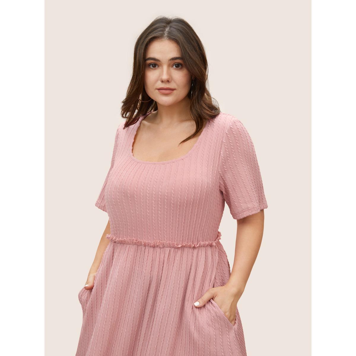 Plus Size Plain Textured Frill Trim Pocket Dress Pink Women Casual Frill Trim Round Neck Short sleeve Curvy BloomChic 12/L Product Image