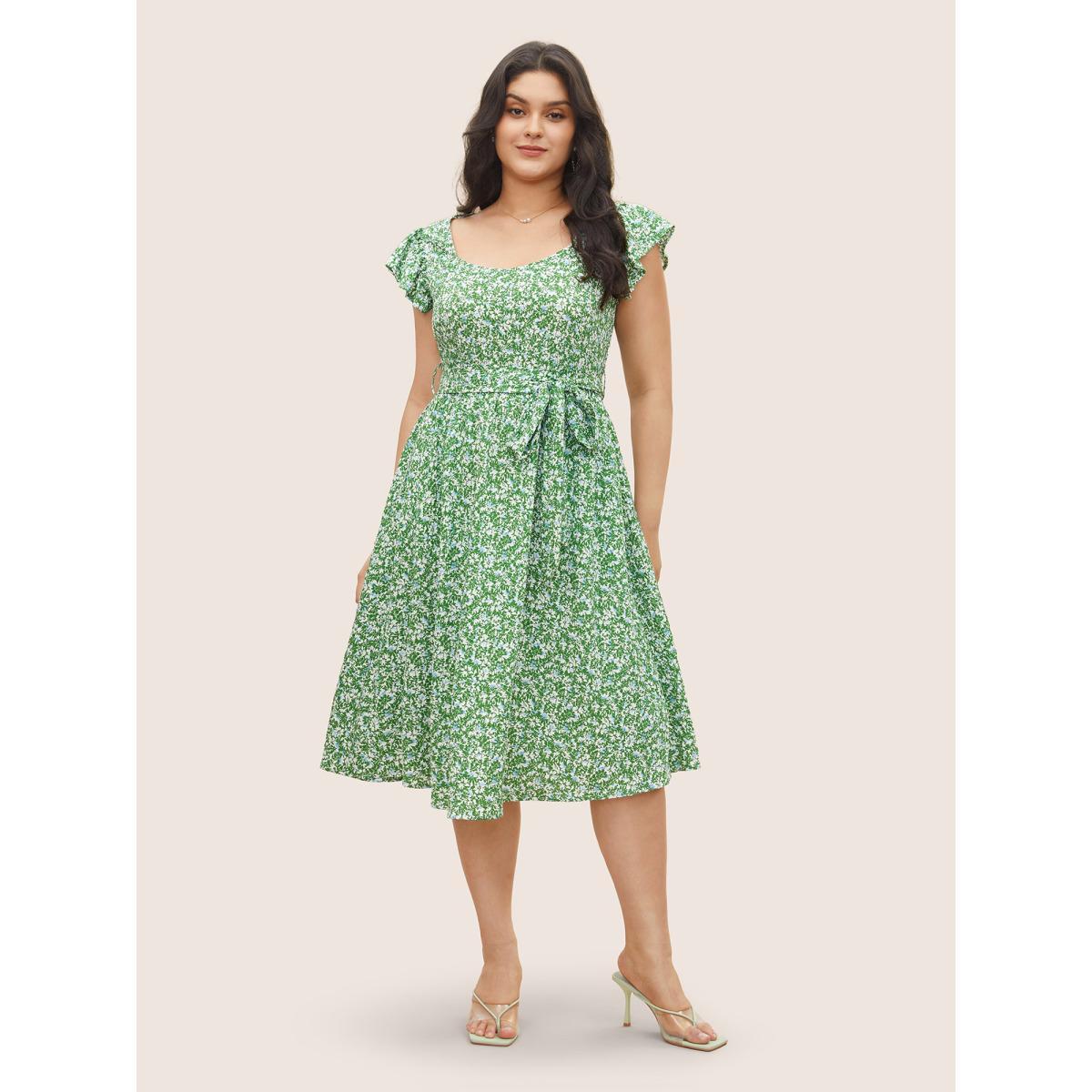 Plus Size Ditsy Floral Belted Flutter Cap Sleeve Dress Green Women Elegant Non Square Neck Cap Sleeve Curvy Midi Dress BloomChic 30/6X Product Image