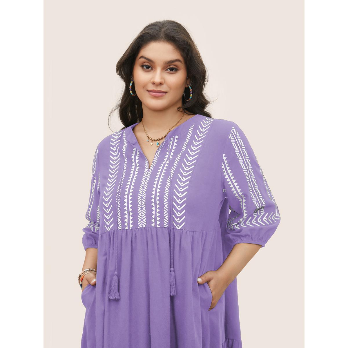 Plus Size Cotton Geometric Bandana Print Tassel Trim Dress Lilac Women Resort Non V-neck Short sleeve Curvy Knee Dress BloomChic 14-16/1X Product Image