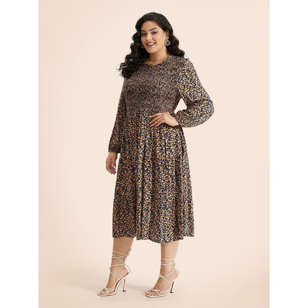 Plus Size Ditsy Floral Shirred Pocket Pleated Frill Trim Dress Indigo Women Elegant Elastic cuffs Round Neck Long Sleeve Curvy Midi Dress BloomChic 26/4X Product Image