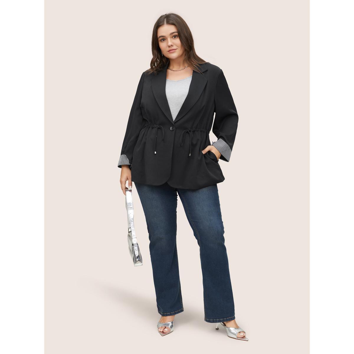 Plus Size Striped Patchwork Drawstring Suit Collar Blazer Black Women Work Striped Non Sleeve Long Sleeve Suit Collar 30/6X Slanted pocket At the Office Blazers BloomChic Product Image