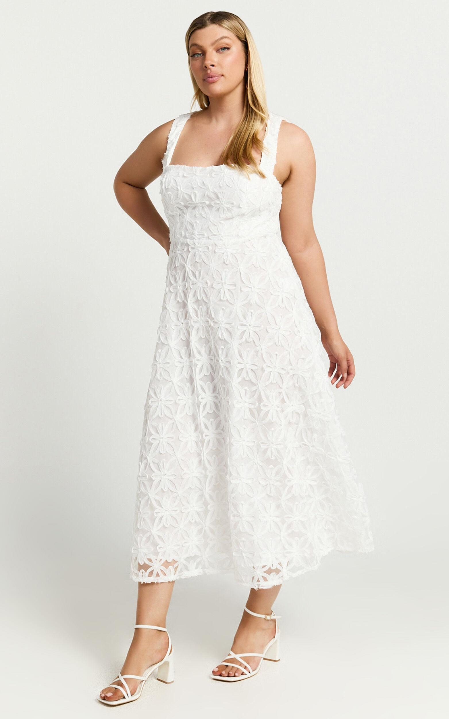 Clarissa Midi Dress - Square Neck Open Back A Line Dress in White Product Image