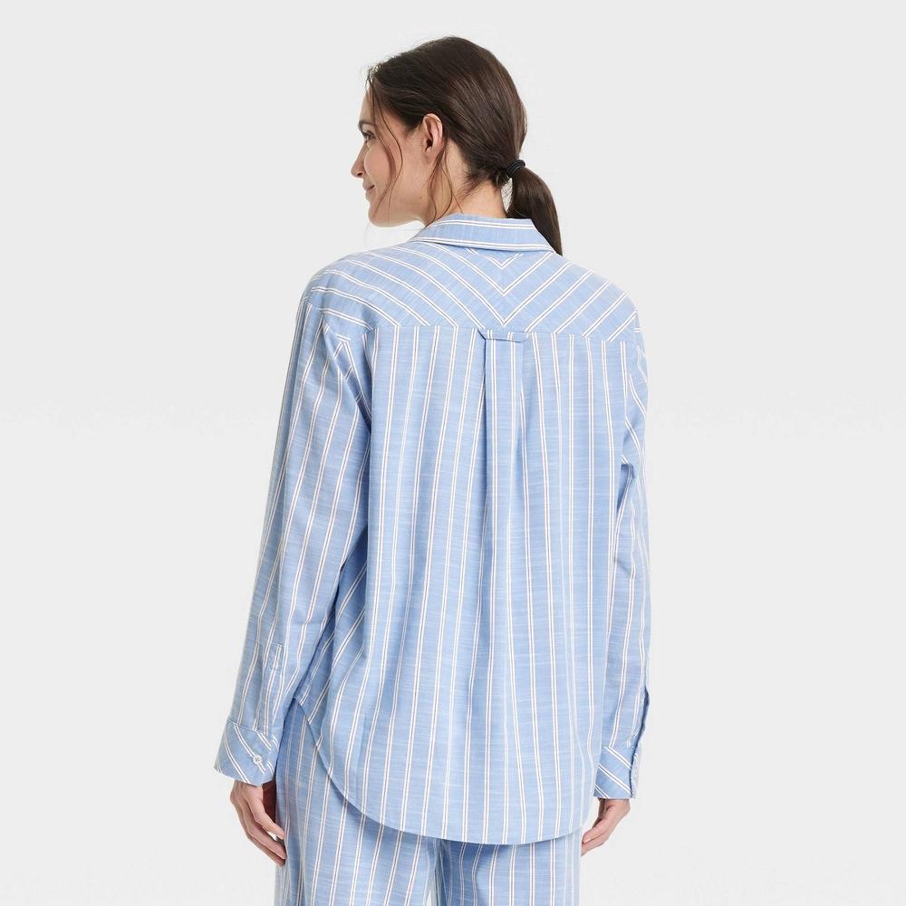 Women's Striped Cotton Blend Long Sleeve Pajama Shirt - Auden™ Light Blue L Product Image