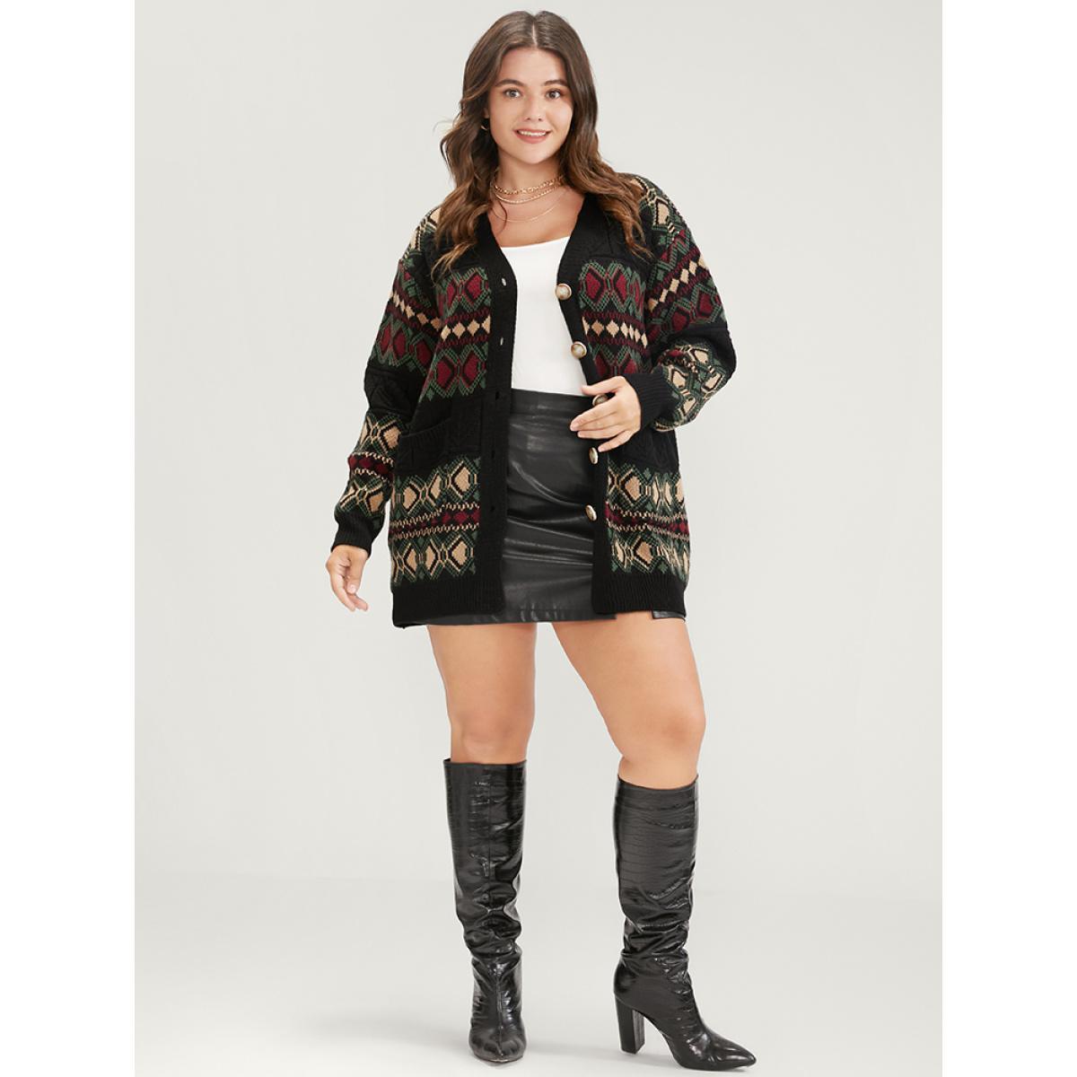 Plus Size Geometric Contrast Pointelle Knit Pocket Jacquard Button Front Cardigan Multicolor Women Casual Loose Long Sleeve Dailywear Cardigans BloomChic 10/M Product Image