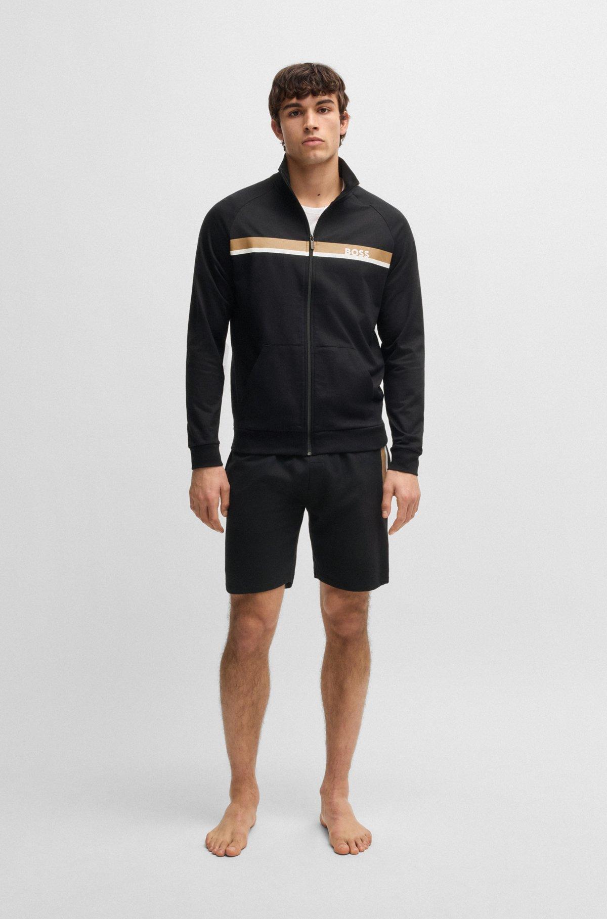 BOSS - Cotton-terry zip-up jacket with stripe print - Black Product Image