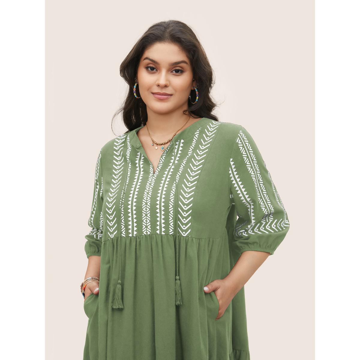 Plus Size Cotton Geometric Bandana Print Tassel Trim Dress ArmyGreen Women Resort Non V-neck Short sleeve Curvy Knee Dress BloomChic 22-24/3X Product Image