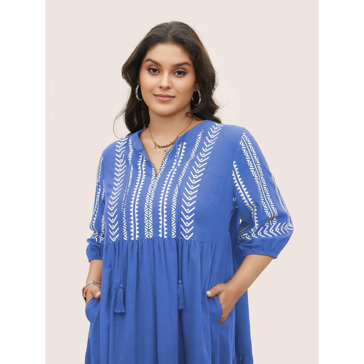 Plus Size Cotton Geometric Bandana Print Tassel Trim Dress Mediumblue Women Resort Non V-neck Short sleeve Curvy Knee Dress BloomChic 30/6X Product Image