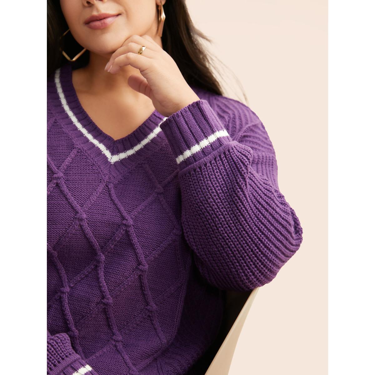 Plus Size Contrast Trim V Neck Texture Pullover DarkViolet Women Casual Loose Long Sleeve V-neck Everyday Pullovers BloomChic 18-20/2X Product Image