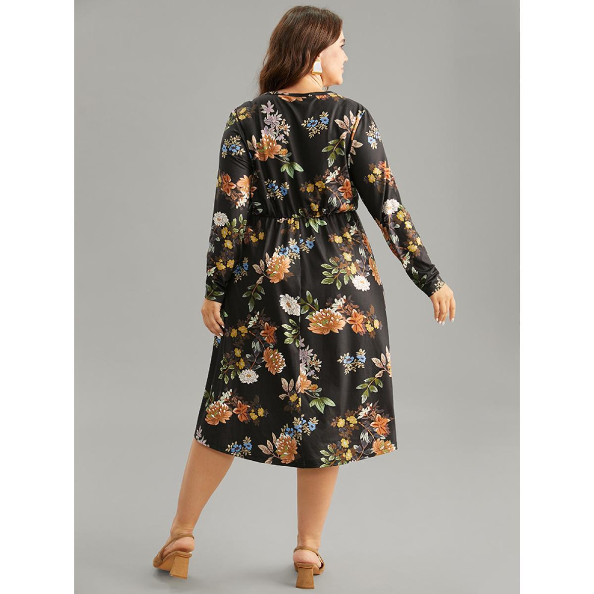 Plus Size Floral Print Button Detail Long Sleeve Midi Dress Black Women Elegant Printed V-neck Long Sleeve Curvy Midi Dress BloomChic 14-16/1X Product Image