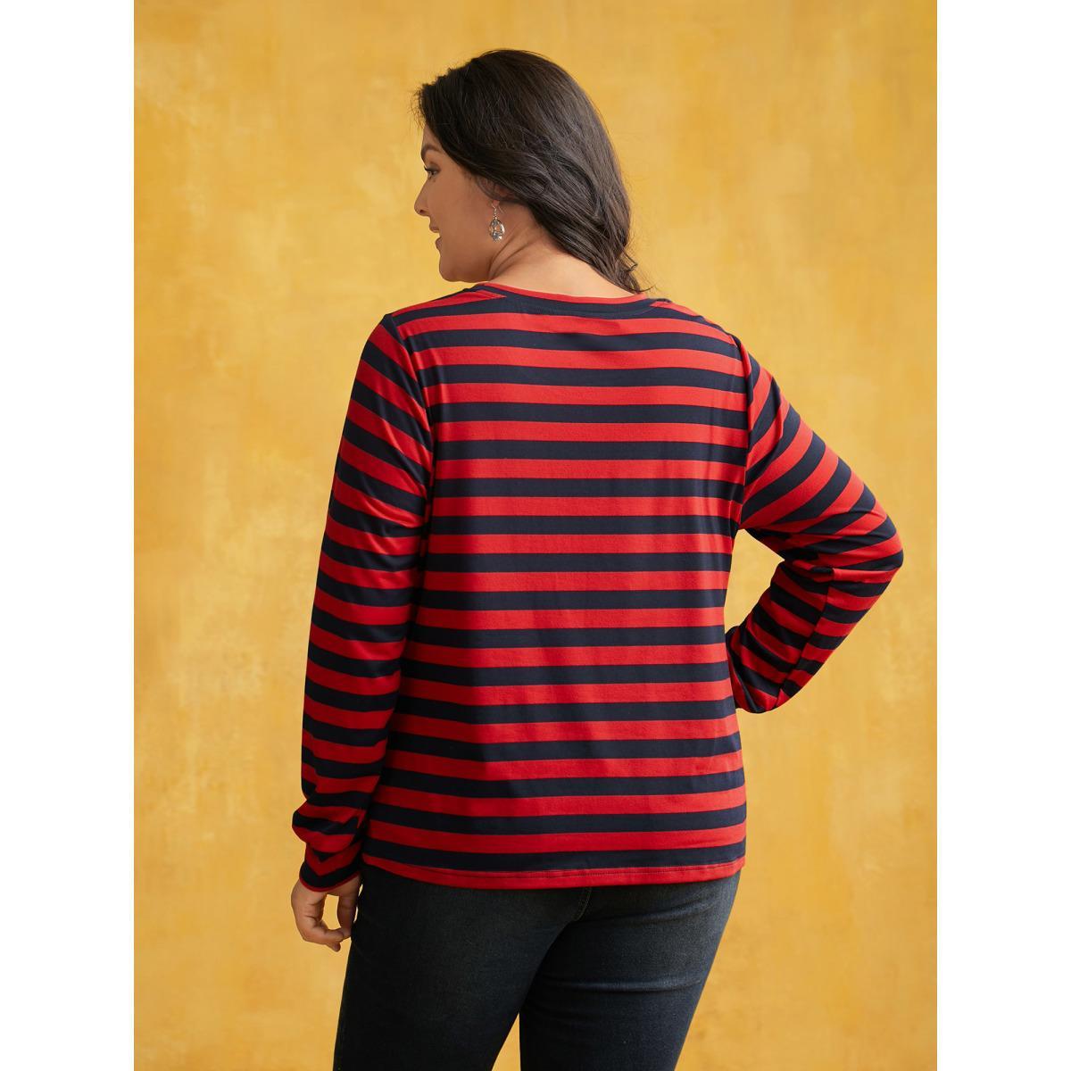 Plus Size Striking Striped Relaxed Fit T-shirt Brightred Women Casual Distressed Round Neck Everyday T-shirts BloomChic 26/4X Product Image
