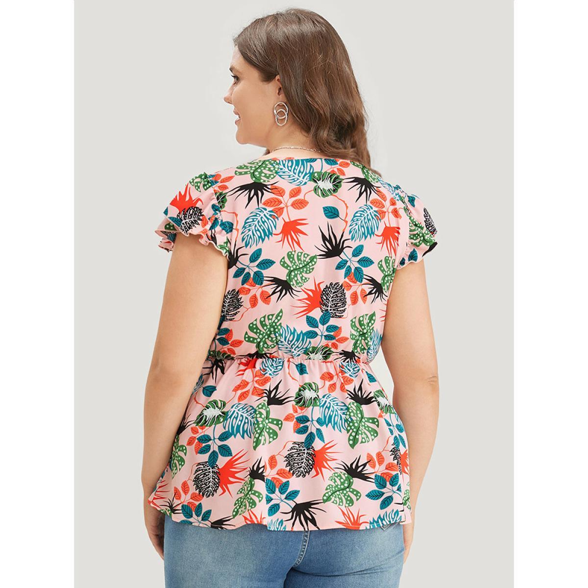 Plus Size Watermelon Plant Print Cap Sleeve Ruffle Wrap Blouse Women Elegant Cap Sleeve V-neck Dailywear Blouses BloomChic 28/5X Product Image
