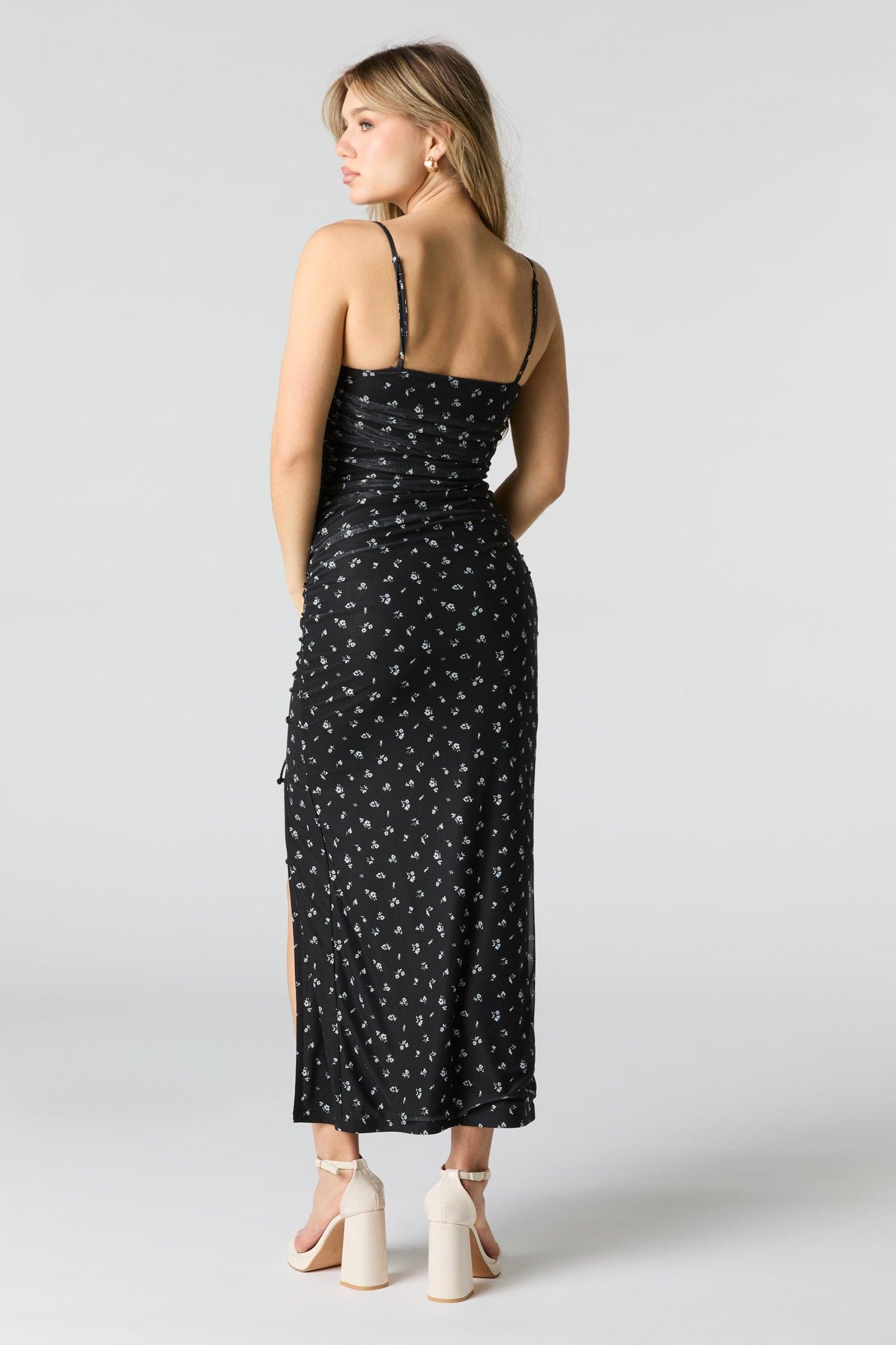 Floral Mesh Ruched Slit Midi Dress Female Product Image