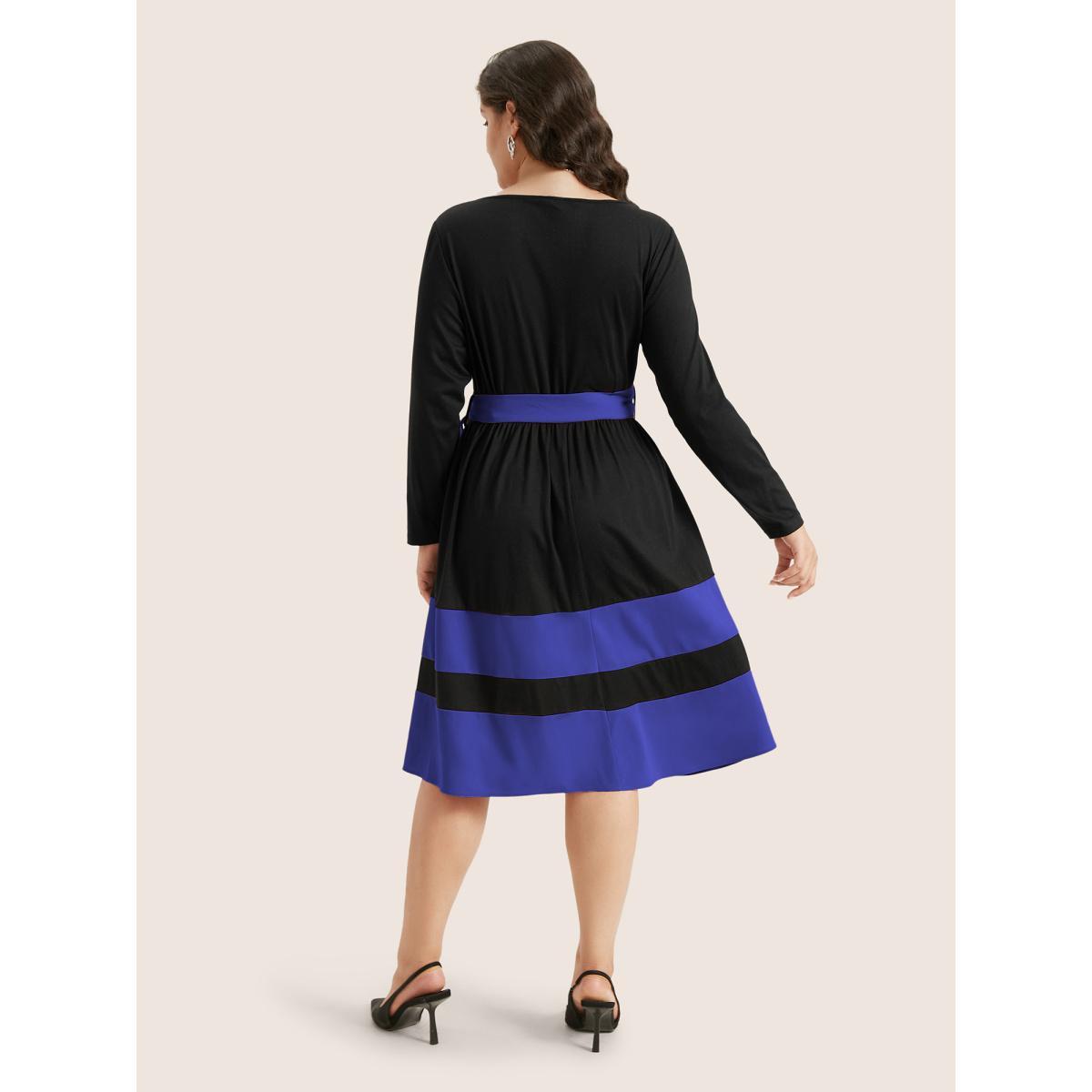 Plus Size Two Tone Belted Bowknot Square Neck Dress Burgundy Women Elegant Non Square Neck Long Sleeve Curvy Knee Dress BloomChic 14-16/1X Product Image