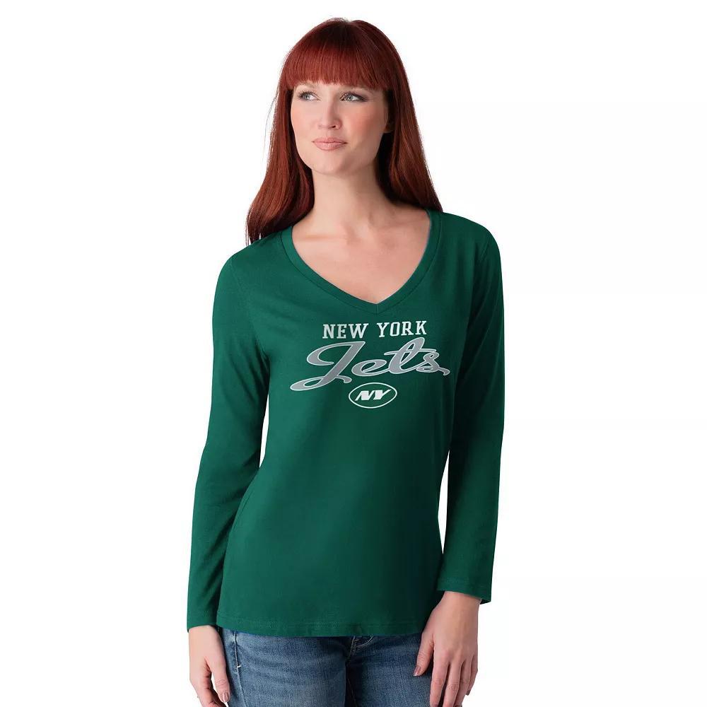 Women's G-III 4Her by Carl Banks Green New York Jets Post Season Long Sleeve V-Neck T-Shirt, Size: Medium Product Image