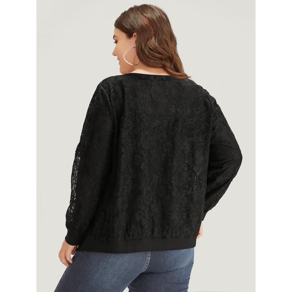 Plus Size Lace Patchwork O Ring Zipper Elastic Cuffs Jacket Women Black Elastic cuffs Everyday Jackets BloomChic 22-24/3X Product Image