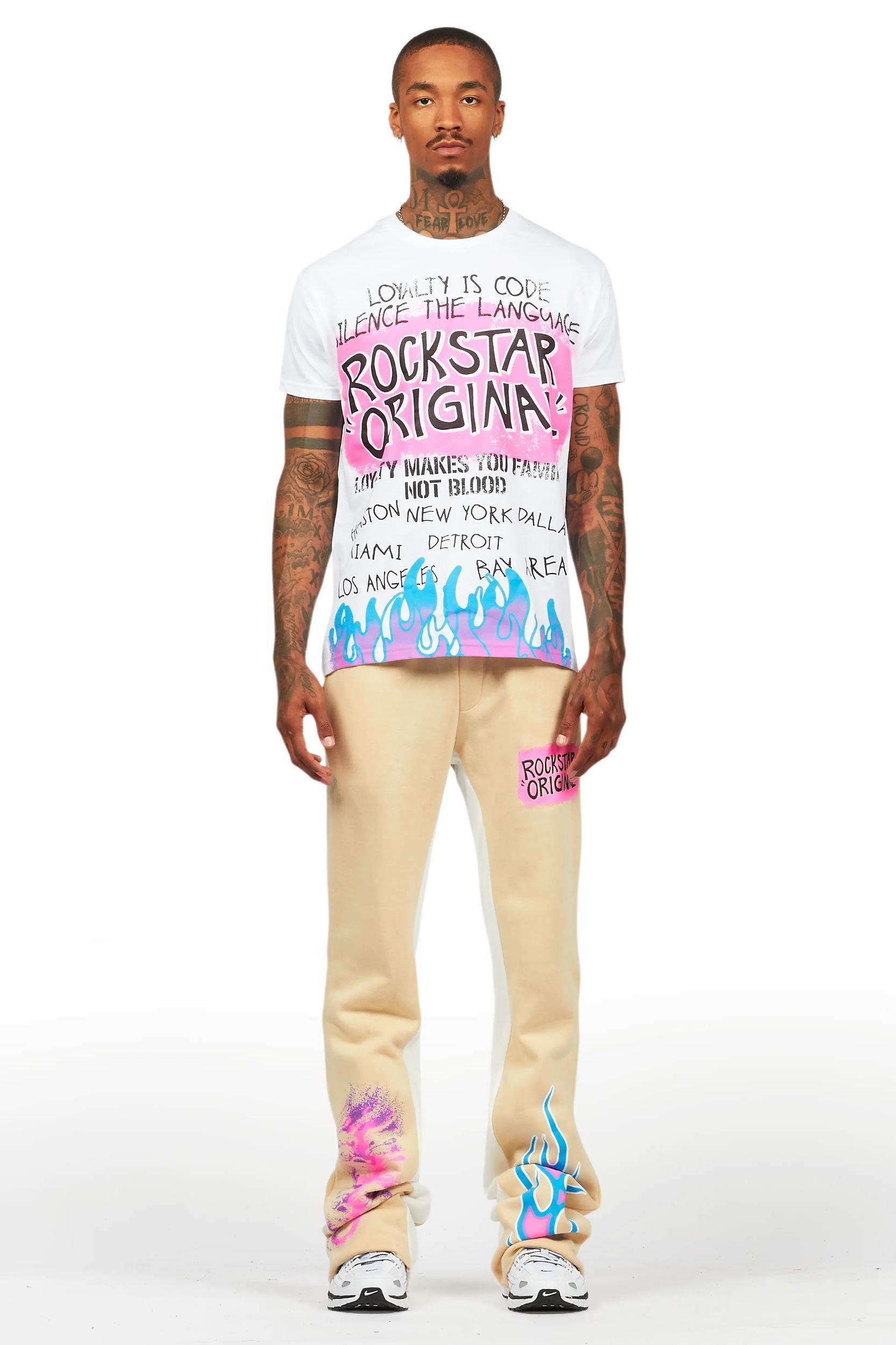 Beno White/Beige T-Shirt/Baggy Stacked Pant Set Male Product Image