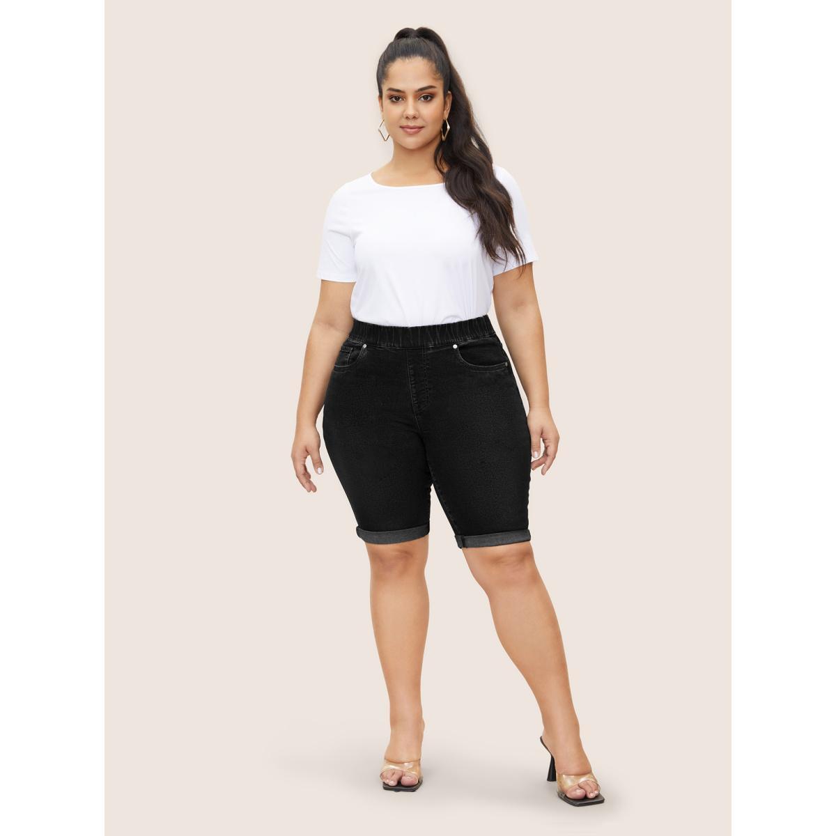 Plus Size Roll Hem Elastic Waist Dark Wash Denim Shorts Women Denimblack Roll Hem High stretch Everyday Slanted pocket Casual Denim Shorts BloomChic 16/1X Product Image