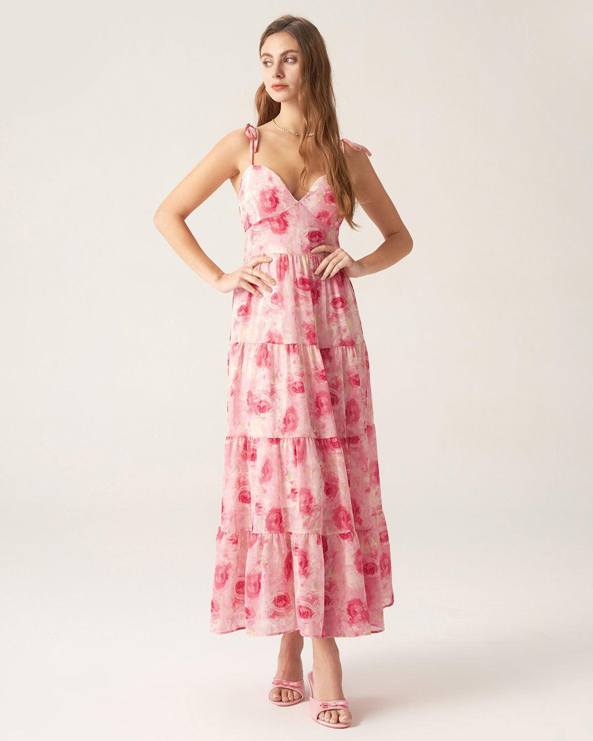 Pink Floral Tie Strap Midi Dress Product Image