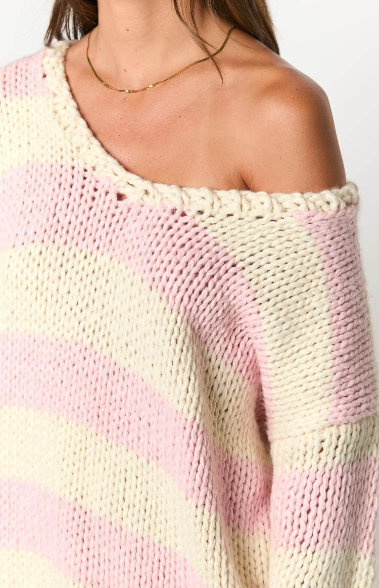 Delvey Pink Striped Chunky Knit Sweater Product Image