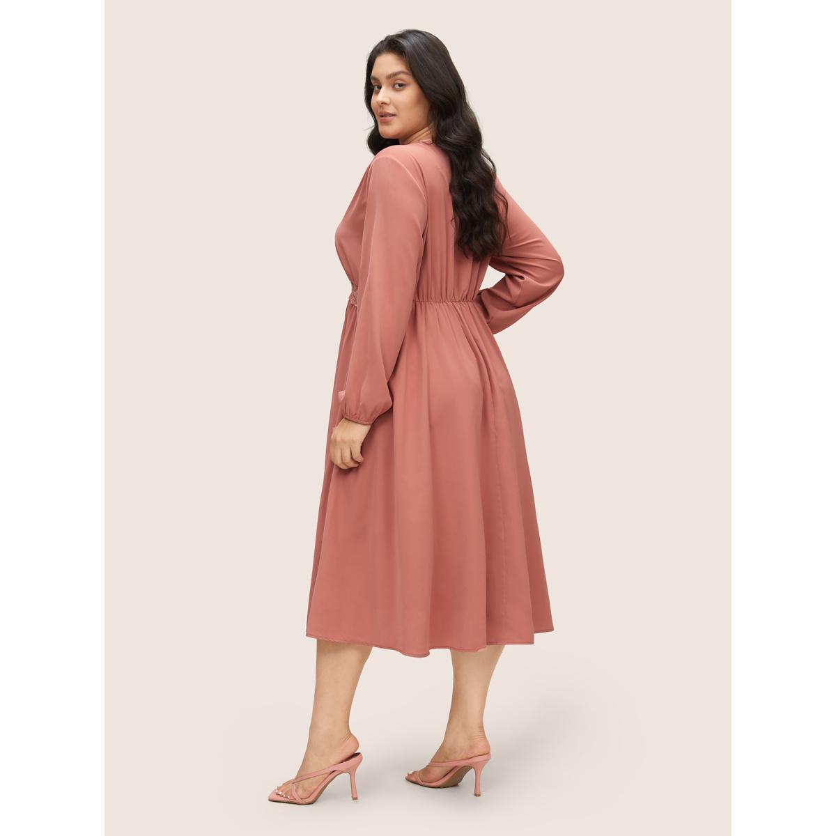 Plus Size Lace Insert Pocket Bowknot Hollow Out Dress DustyPink Women Elegant Elastic cuffs V-neck Long Sleeve Curvy Midi Dress BloomChic 22-24/3X Product Image