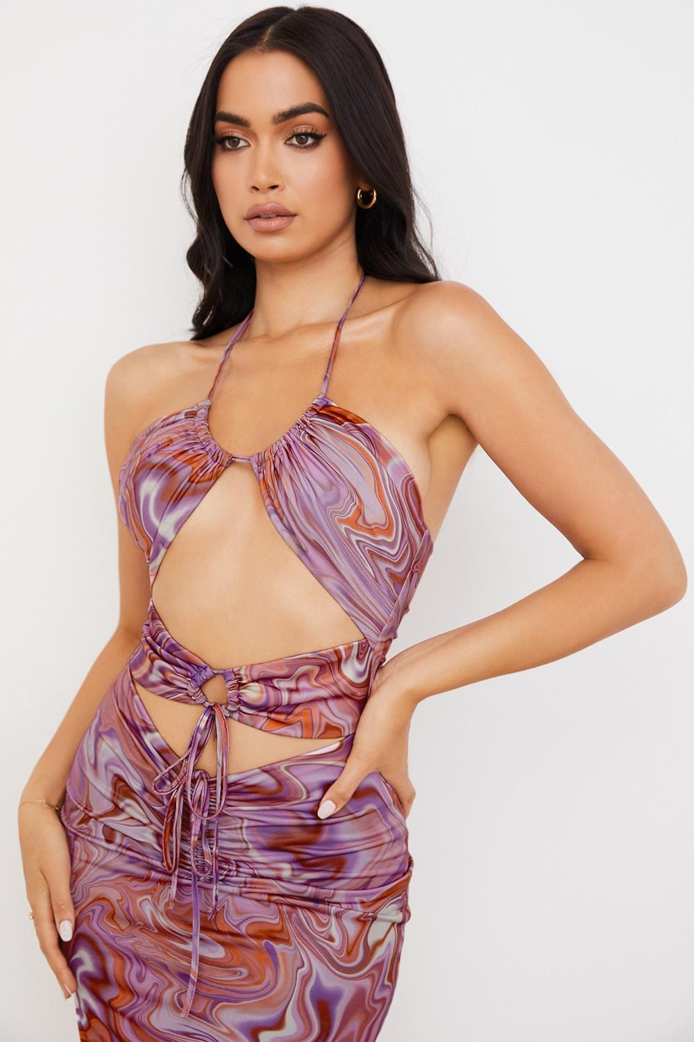 Kasia Purple Swirl Cutout Midi Dress Product Image