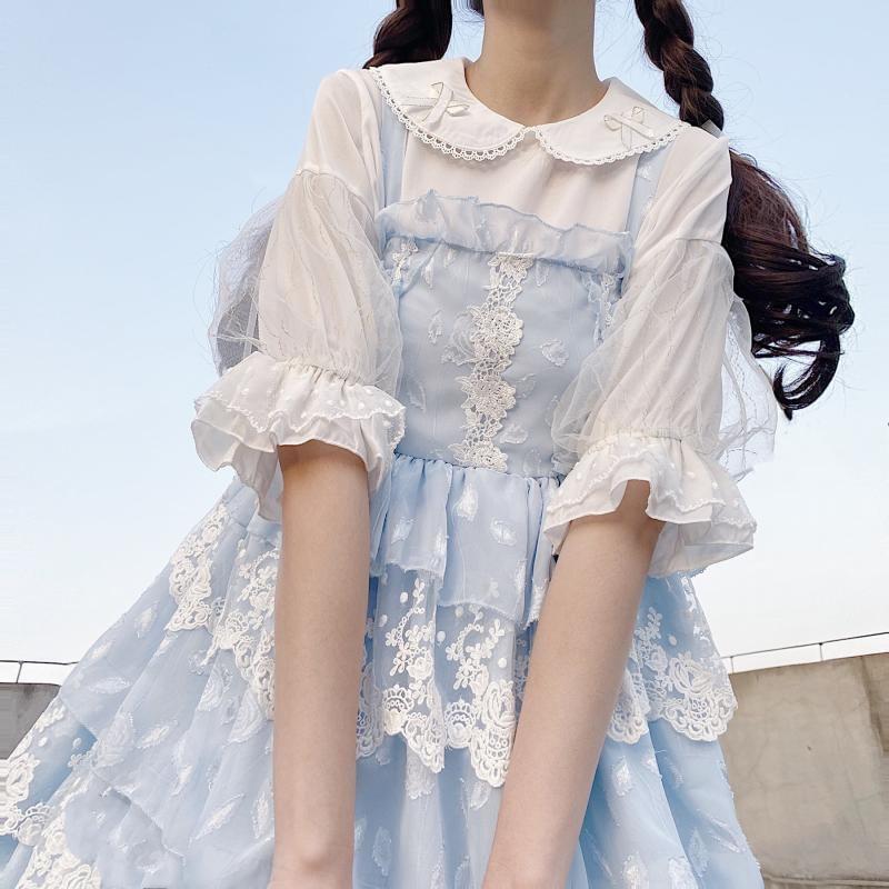 Flared-Cuff Bow Dotted Ruffled Blouse Product Image