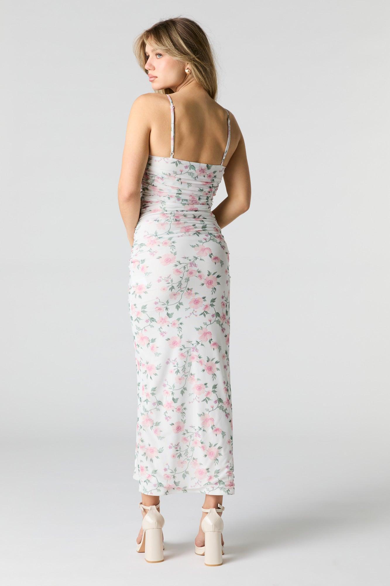 Floral Mesh Ruched Slit Midi Dress Female Product Image