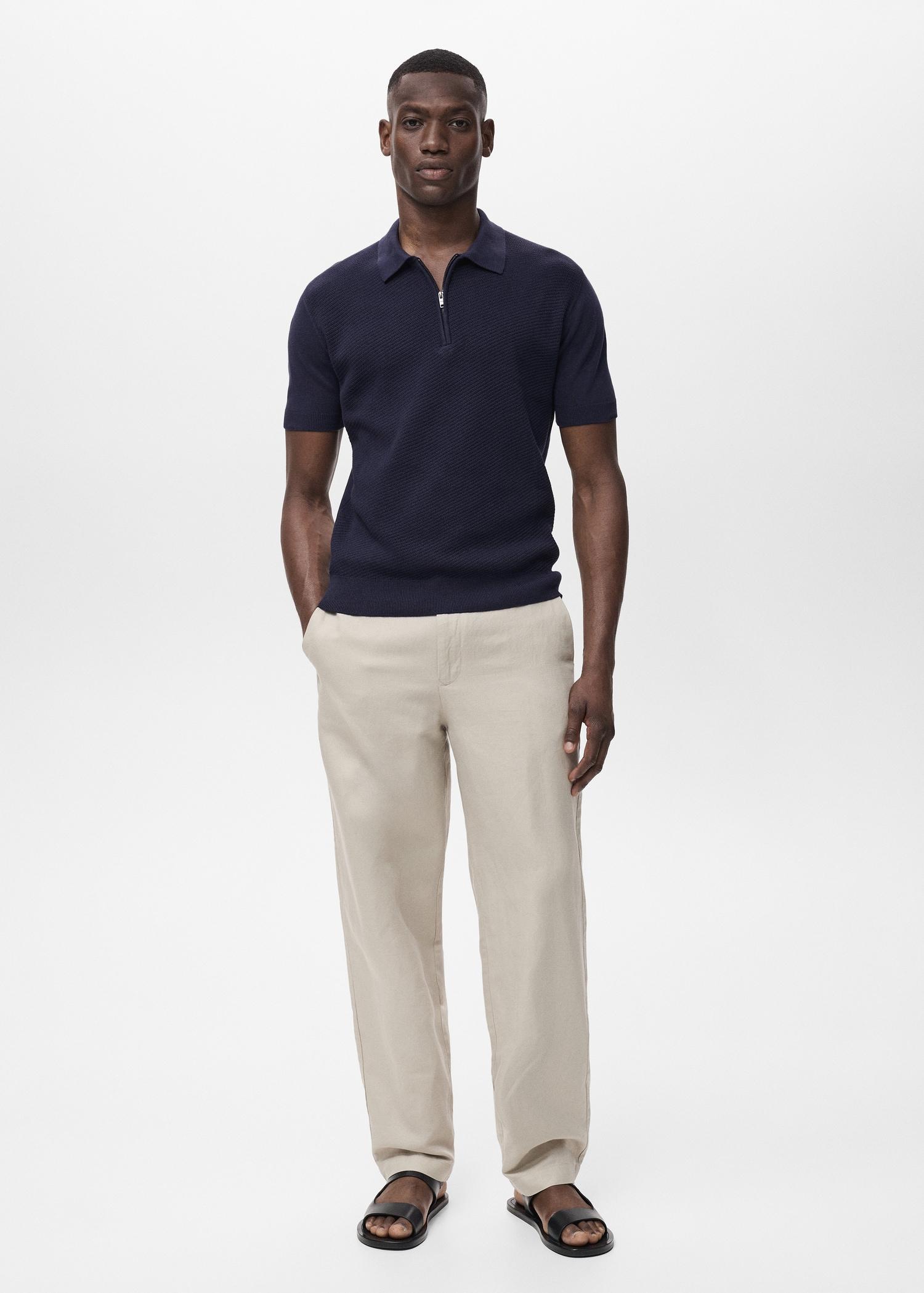 Openwork knitted polo shirt with zipper - Men | MANGO USA Product Image