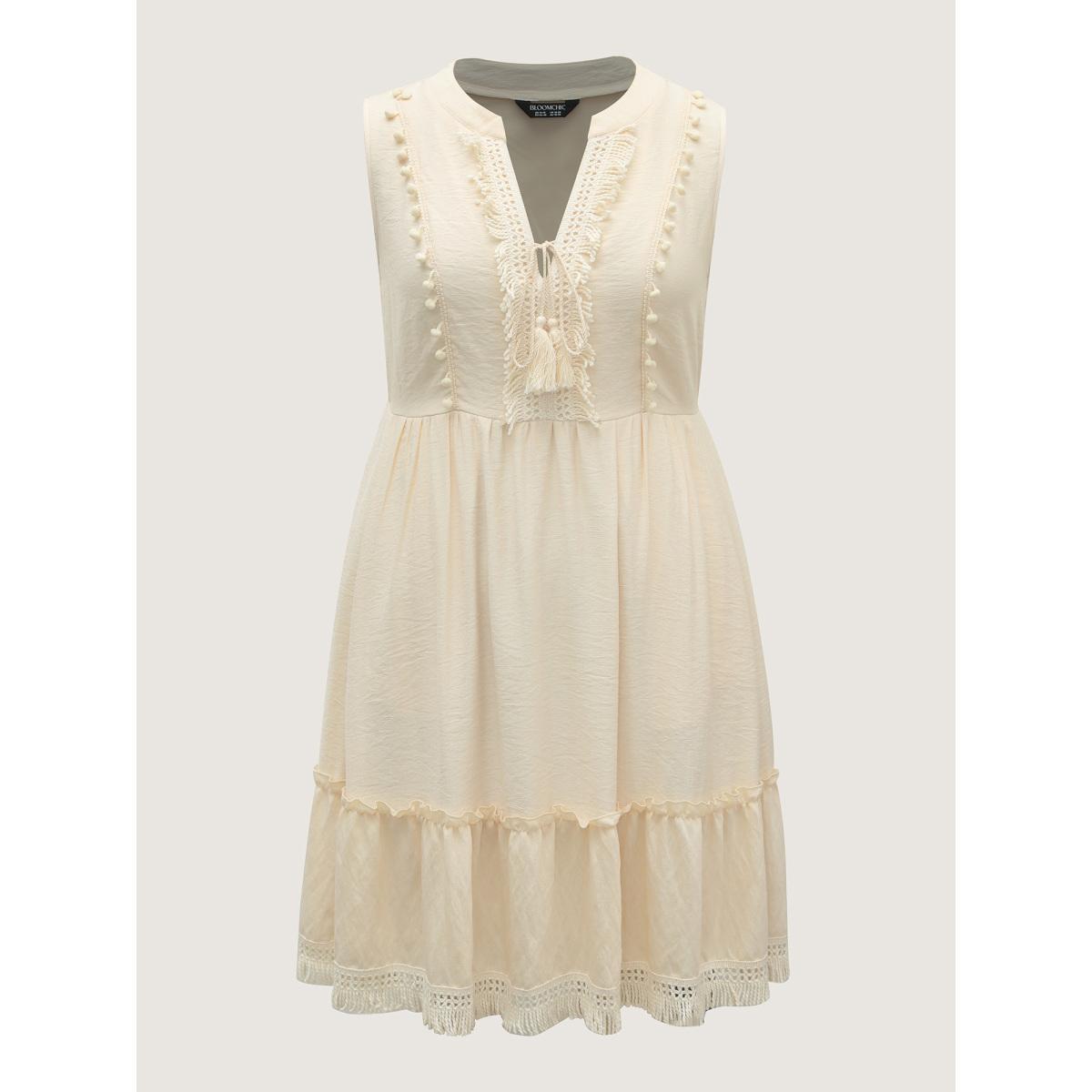 Plus Size Pure Cotton Tassels Lace Midi Dress Apricot Women Woven ribbon&lace trim Flat collar with V-notch Sleeveless Curvy BloomChic 28/5X Product Image