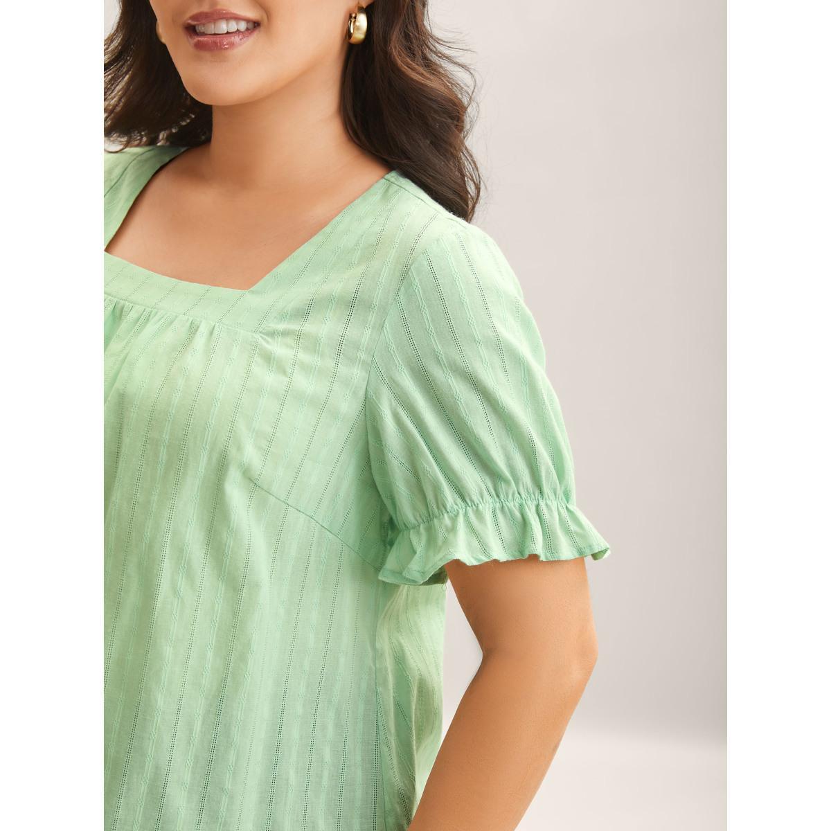 Plus Size LightGreen Cotton Square Neck Ruffled Sleeve Shirt Women Elegant Short sleeve Square Neck Everyday Blouses BloomChic 28/5X Product Image