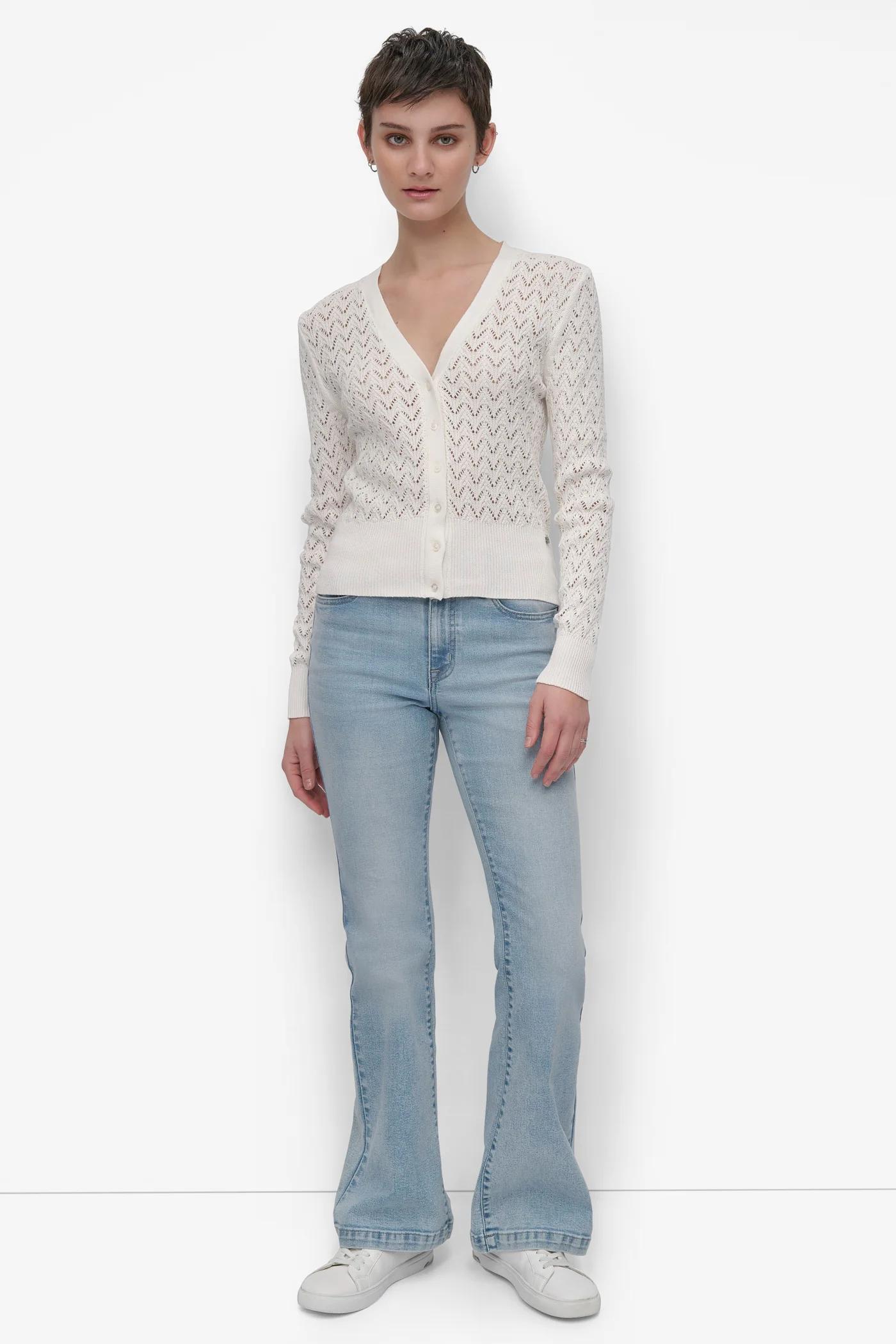 LONG SLEEVE POINTELLE STITCH V NECK CARDIGAN Product Image