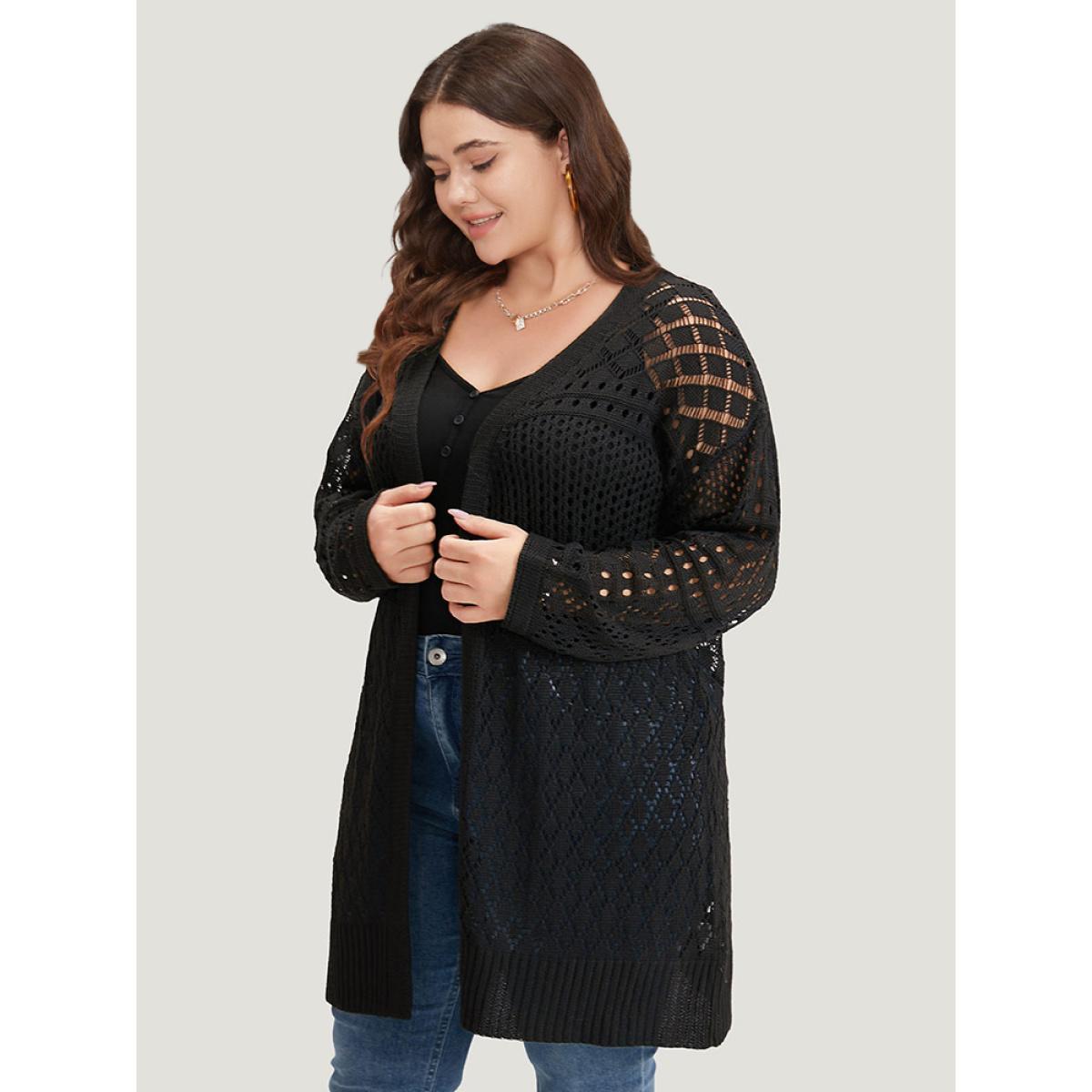 Plus Size Solid Geometric Eyelet Batwing Sleeve Elastic Cuffs Cardigan Black Women Basics Loose Long Sleeve Everyday Cardigans BloomChic 10/M Product Image