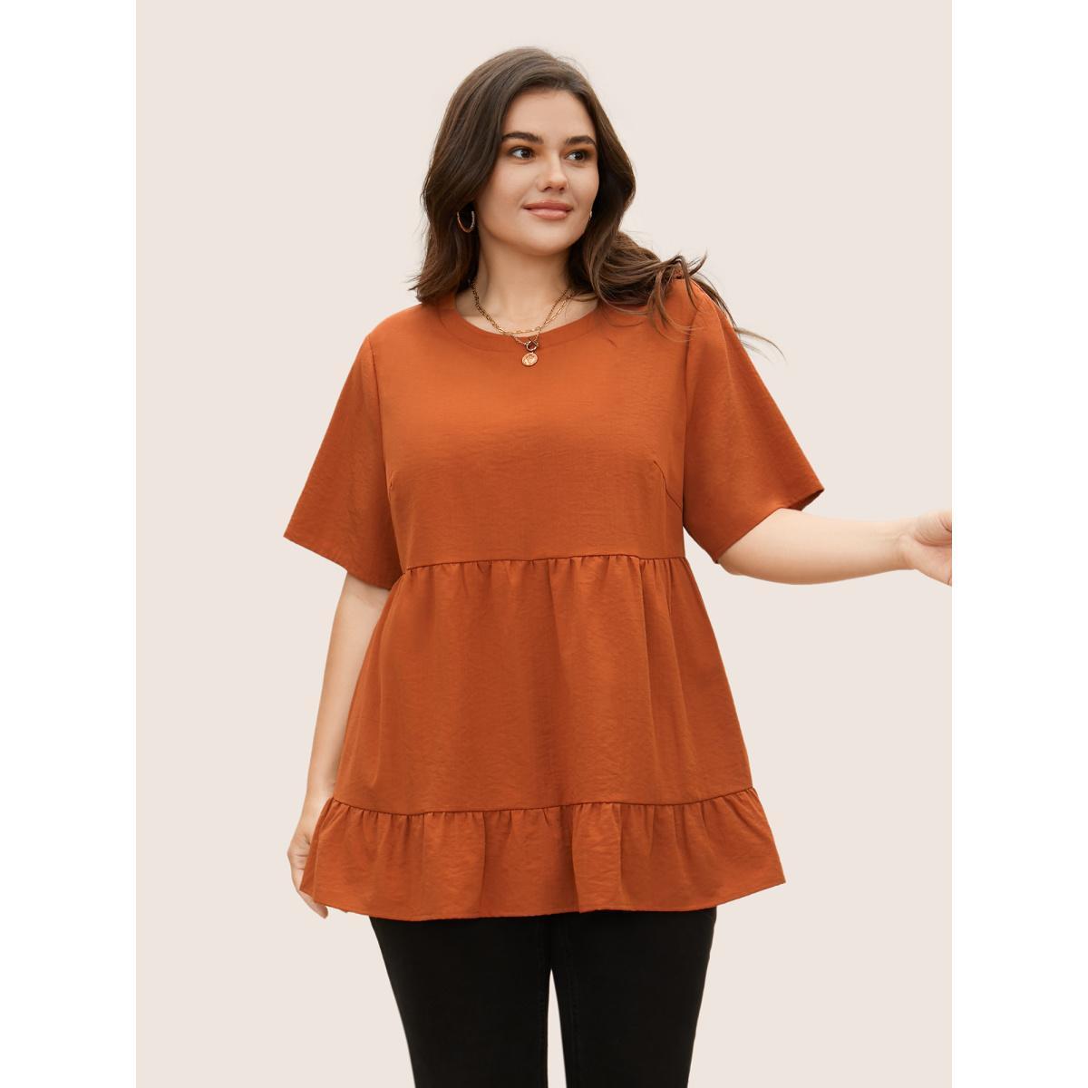 Plus Size Rust Solid Crew Neck Ruffle Hem Blouse Women Casual Short sleeve Round Neck Everyday Blouses BloomChic 14-16/1X Product Image