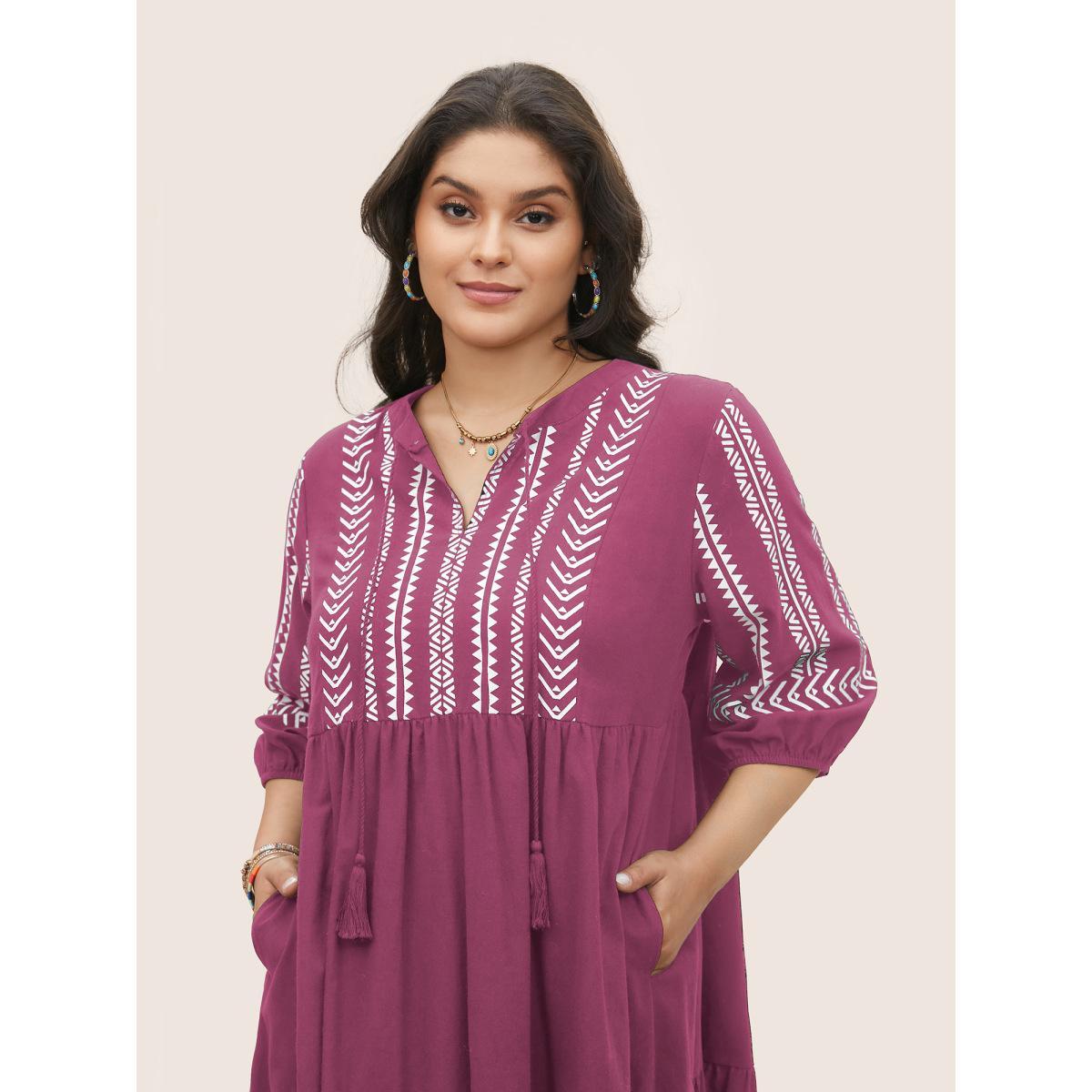 Plus Size Cotton Geometric Bandana Print Tassel Trim Dress Russet Women Resort Non V-neck Short sleeve Curvy Knee Dress BloomChic 26/4X Product Image
