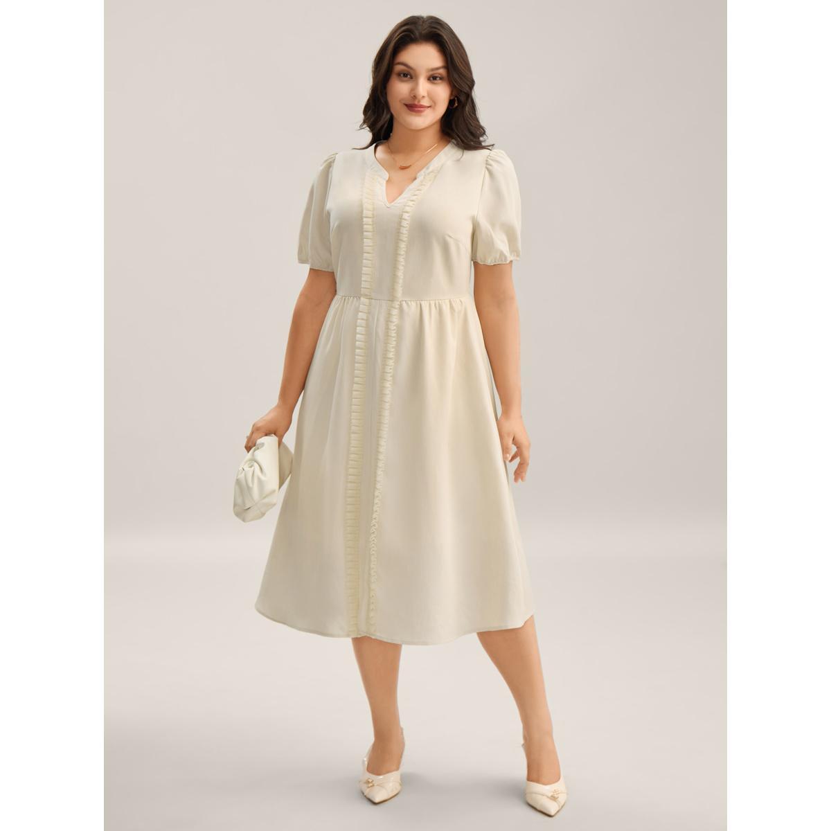 Plus Size Lace Trim Solid Pockets Midi Dress Beige Women Flat collar Short sleeve Curvy BloomChic 22-24/3X Product Image