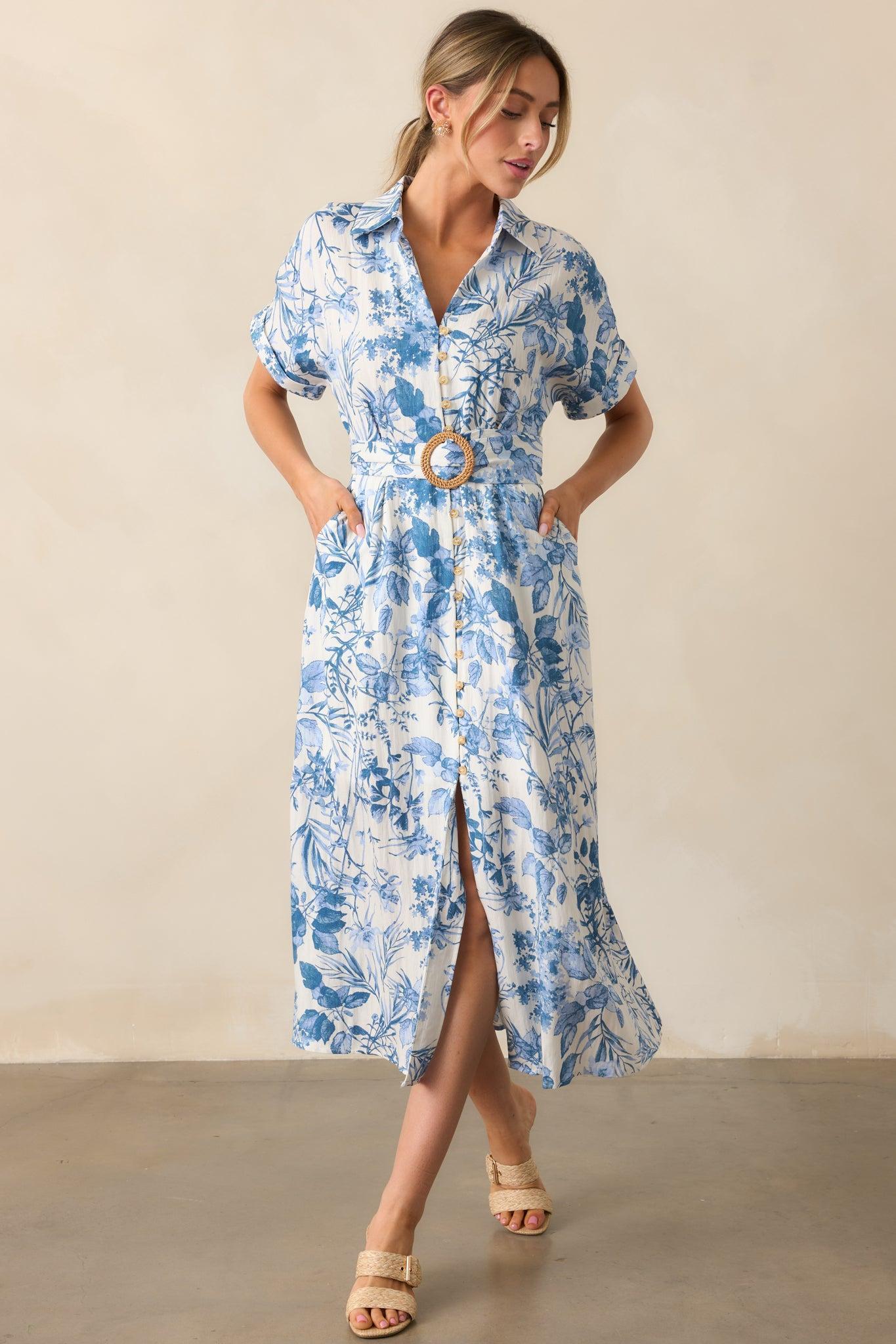 Springtime Splendor White & Blue Floral Belted Midi Dress Product Image