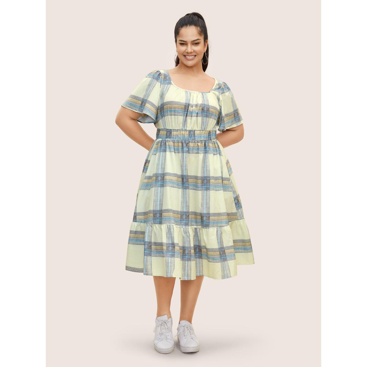 Plus Size Plaid Elastic Waist Gathered Midi Dress Beige Women Casual Gathered U-neck Short sleeve Curvy BloomChic 12/L Product Image