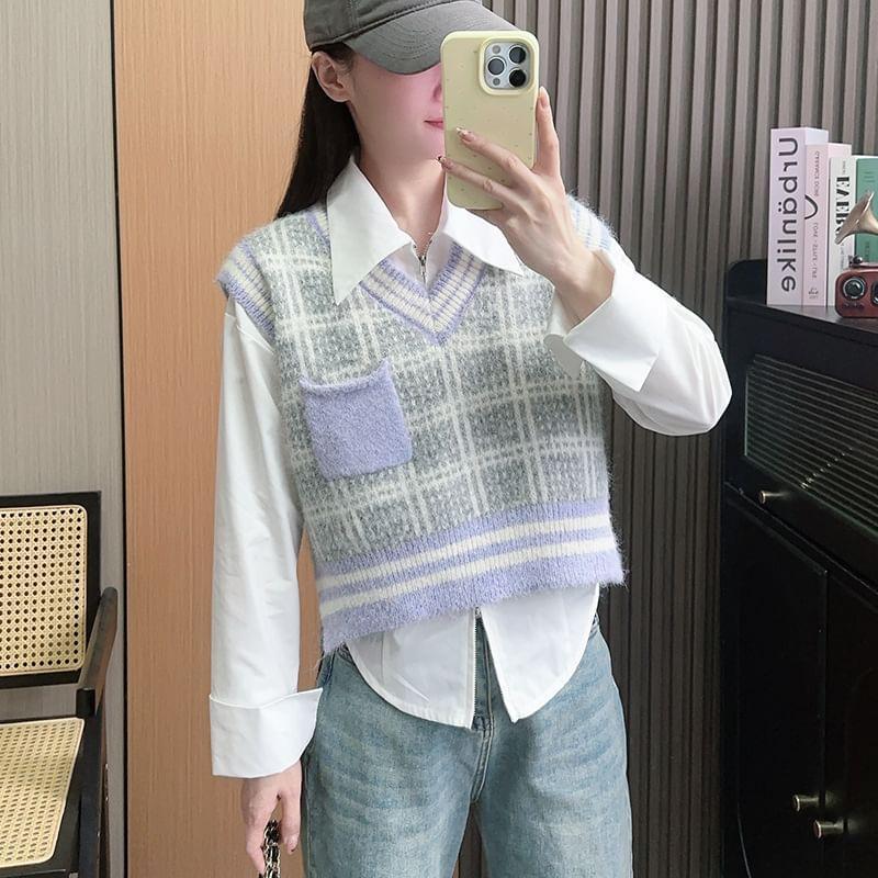 V-Neck Plaid Striped Slit Sweater Vest Product Image
