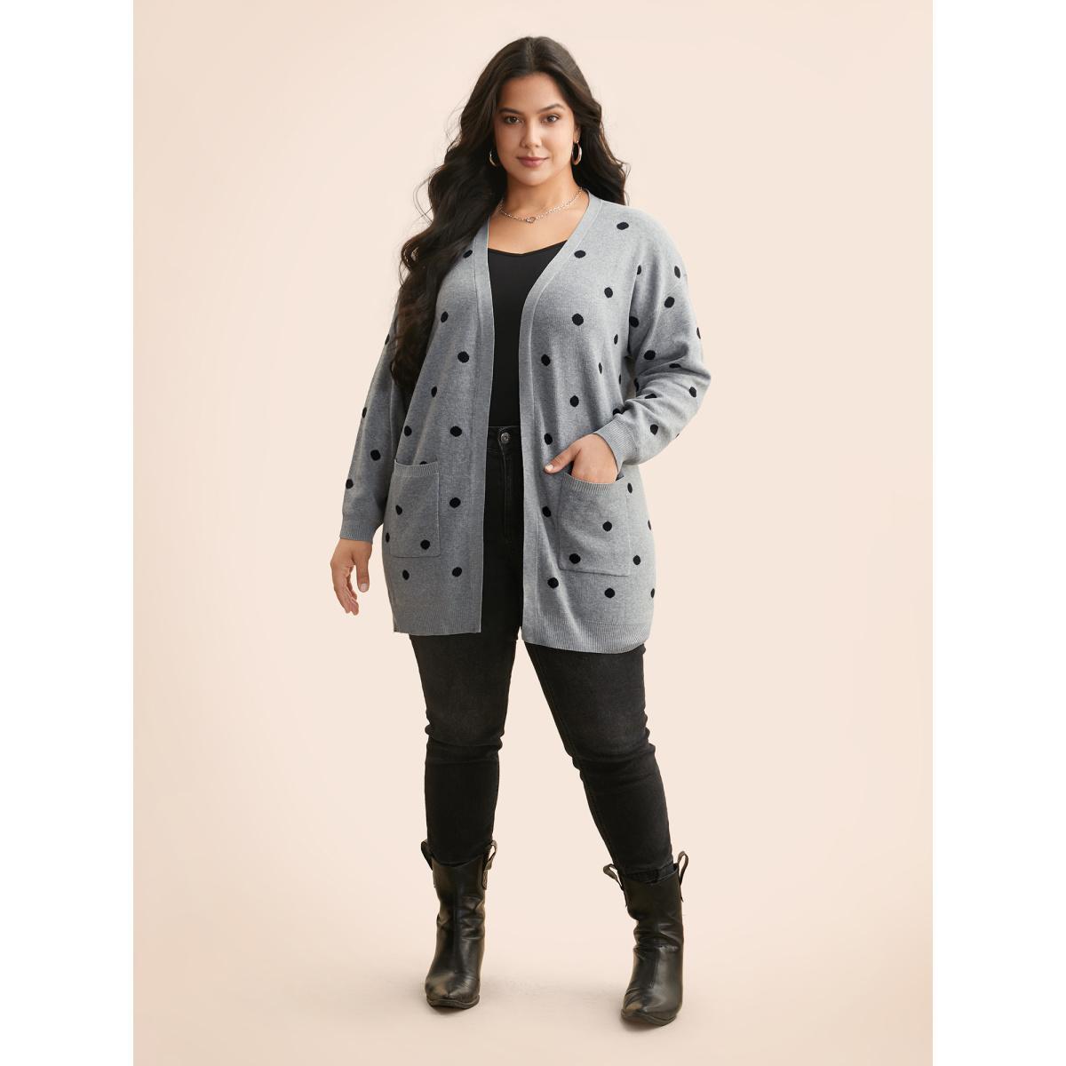 Plus Size Polka Dot Kimono Collar Patch Pocket Cardigan Mediumgray Women Casual Loose Long Sleeve Everyday Cardigans BloomChic 30/6X Product Image